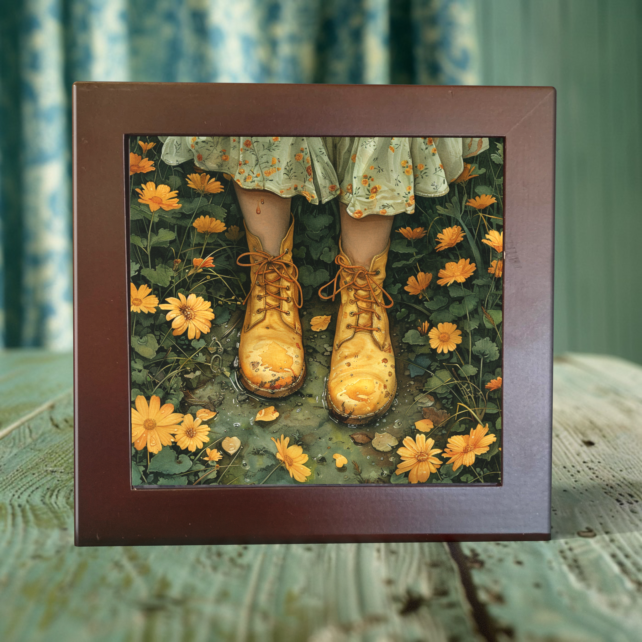 Yellow Boots in Blooming Garden - Porcelain Tile Art