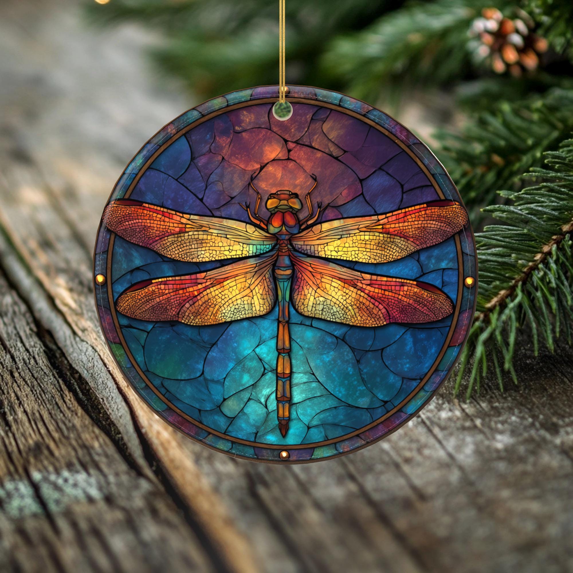Twilight Radiance Dragonfly Ornament – Double Sided Porcelain Keepsake – Stained Glass Look Remembrance Gift