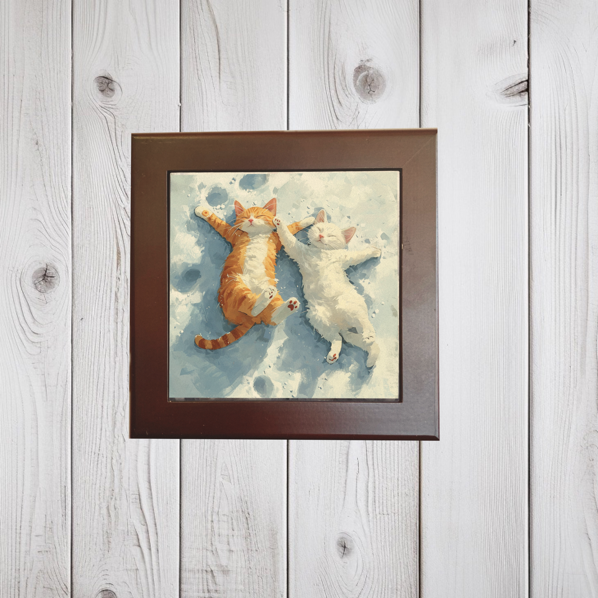 Joyful Snow Angels Cats Art Tile - Playful Orange and White Cats Watercolor Painting for Home Decor