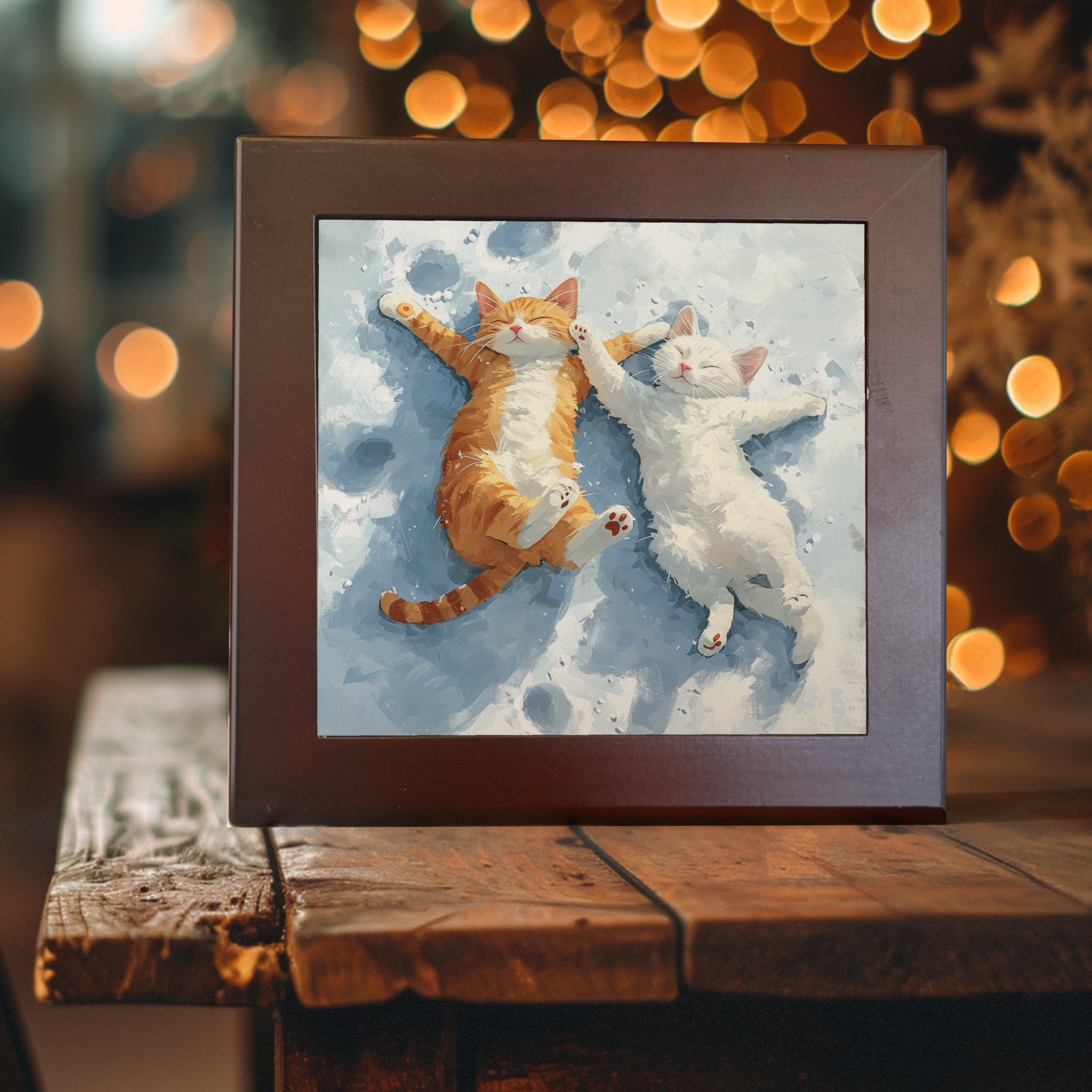 Joyful Snow Angels Cats Art Tile - Playful Orange and White Cats Watercolor Painting for Home Decor