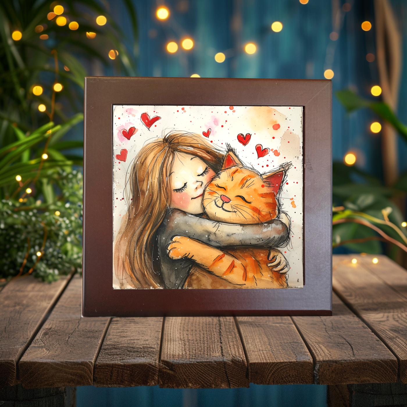 Hug of Hearts: The Feline Embrace Ceramic Tile