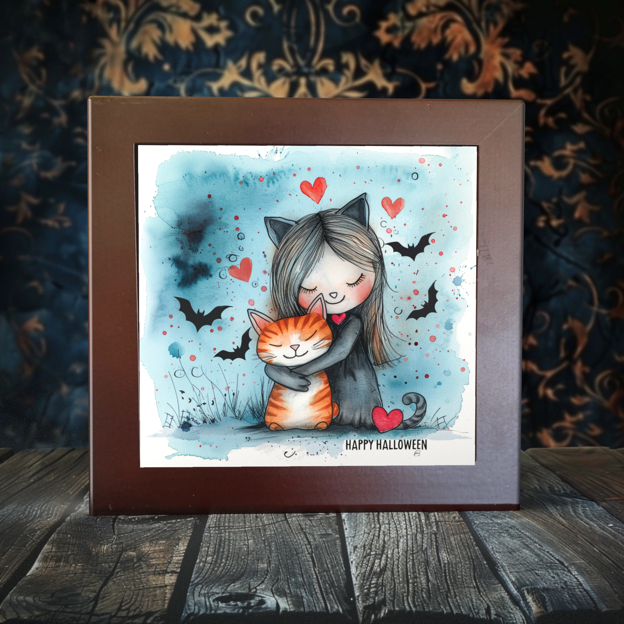 Kitty Cuddle: Halloween Delight Artwork on Porcelain Tile - 6” & 4” | Dual Finish