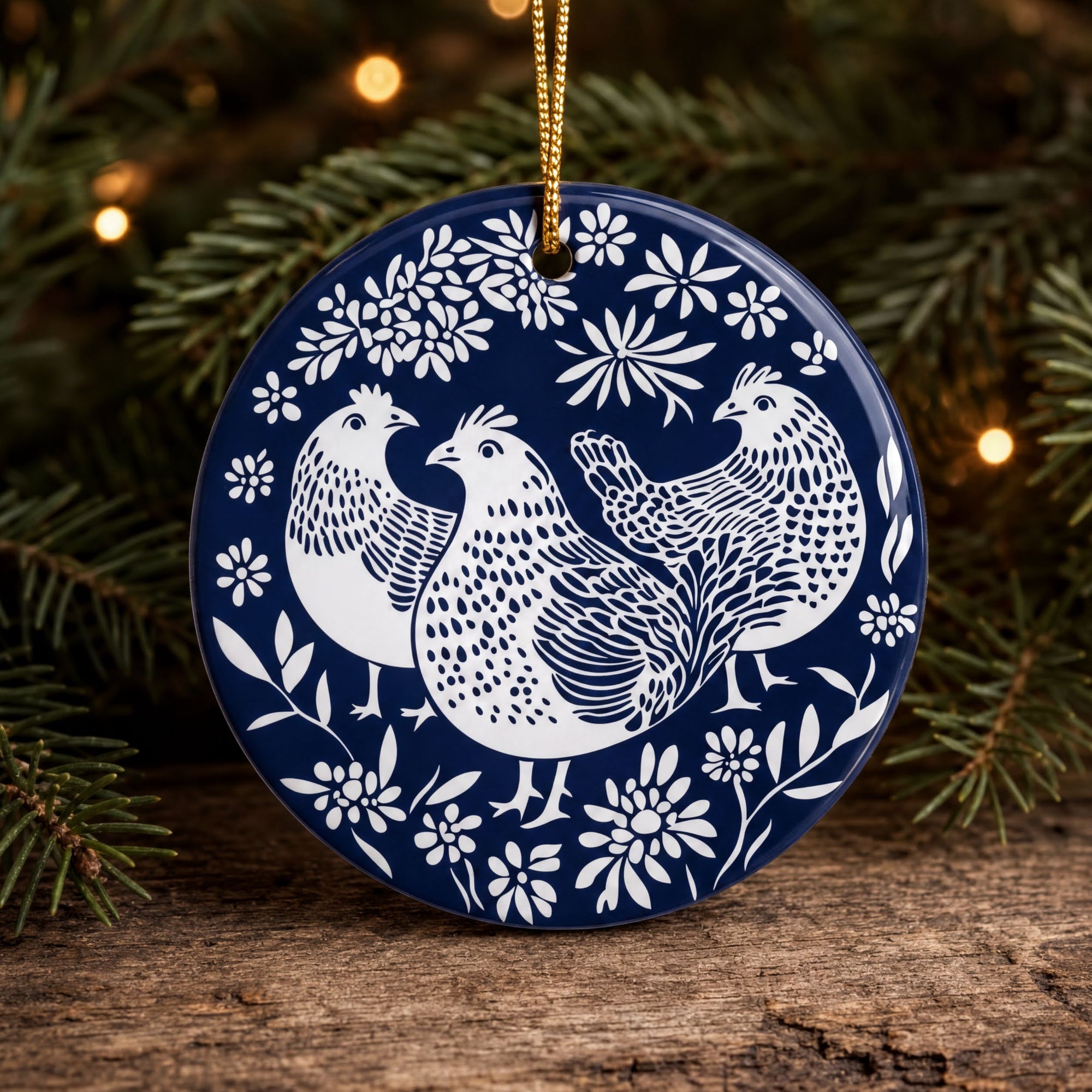A decorative ornament featuring three white birds with intricate patterns on their feathers, set against a blue background with white flowers and leaves.