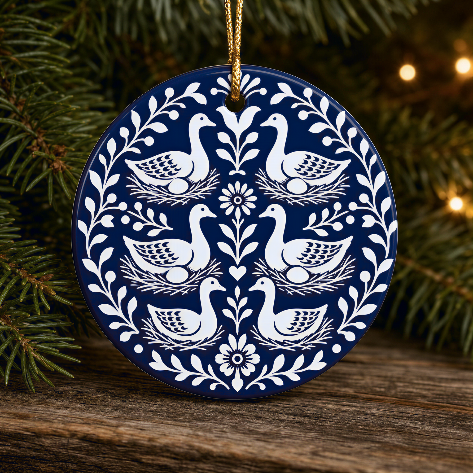 A blue and white ornament featuring a floral design with white birds is hanging on a wooden surface, surrounded by pine branches.