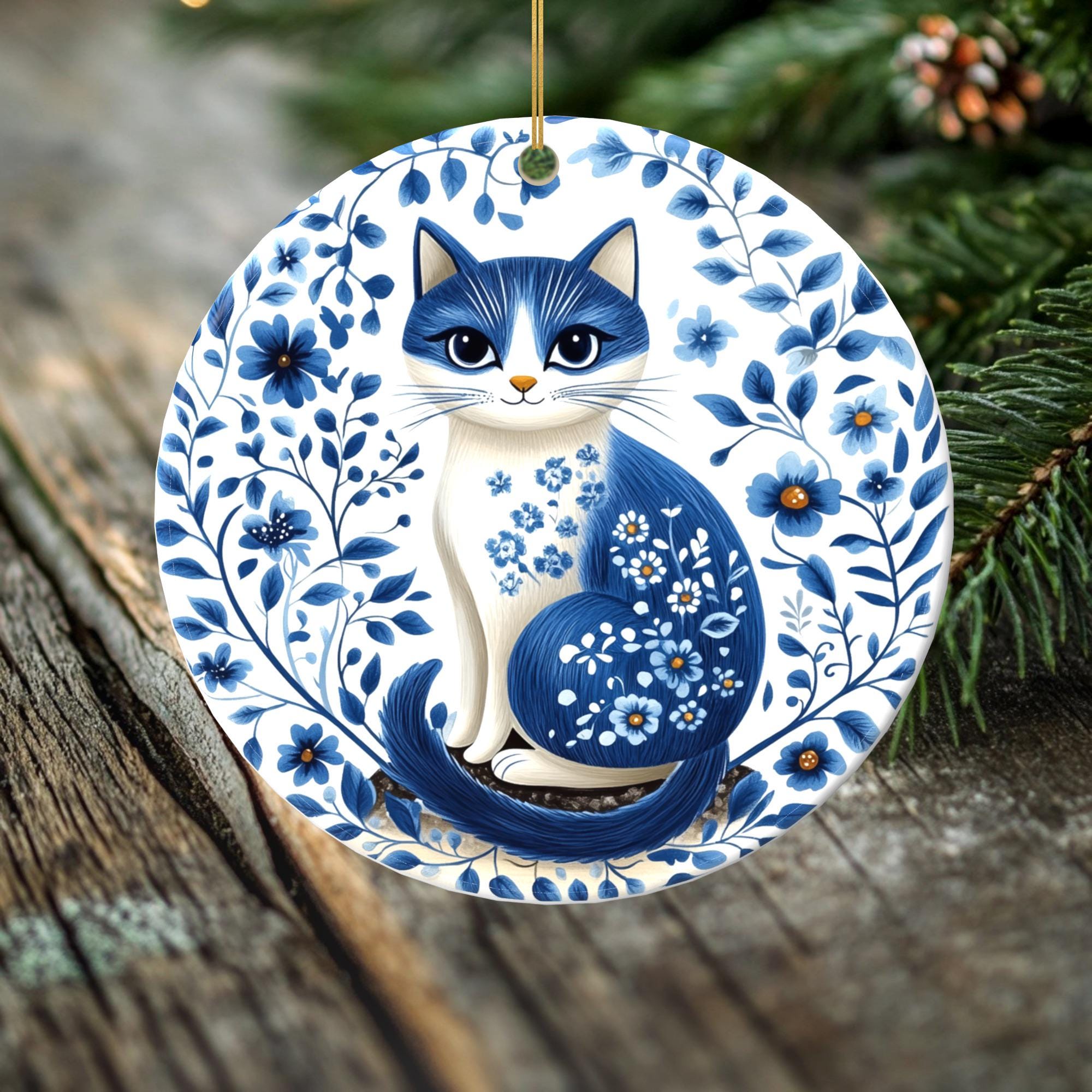 Blue Floral Coated Cat – Double-Sided Porcelain Ornament