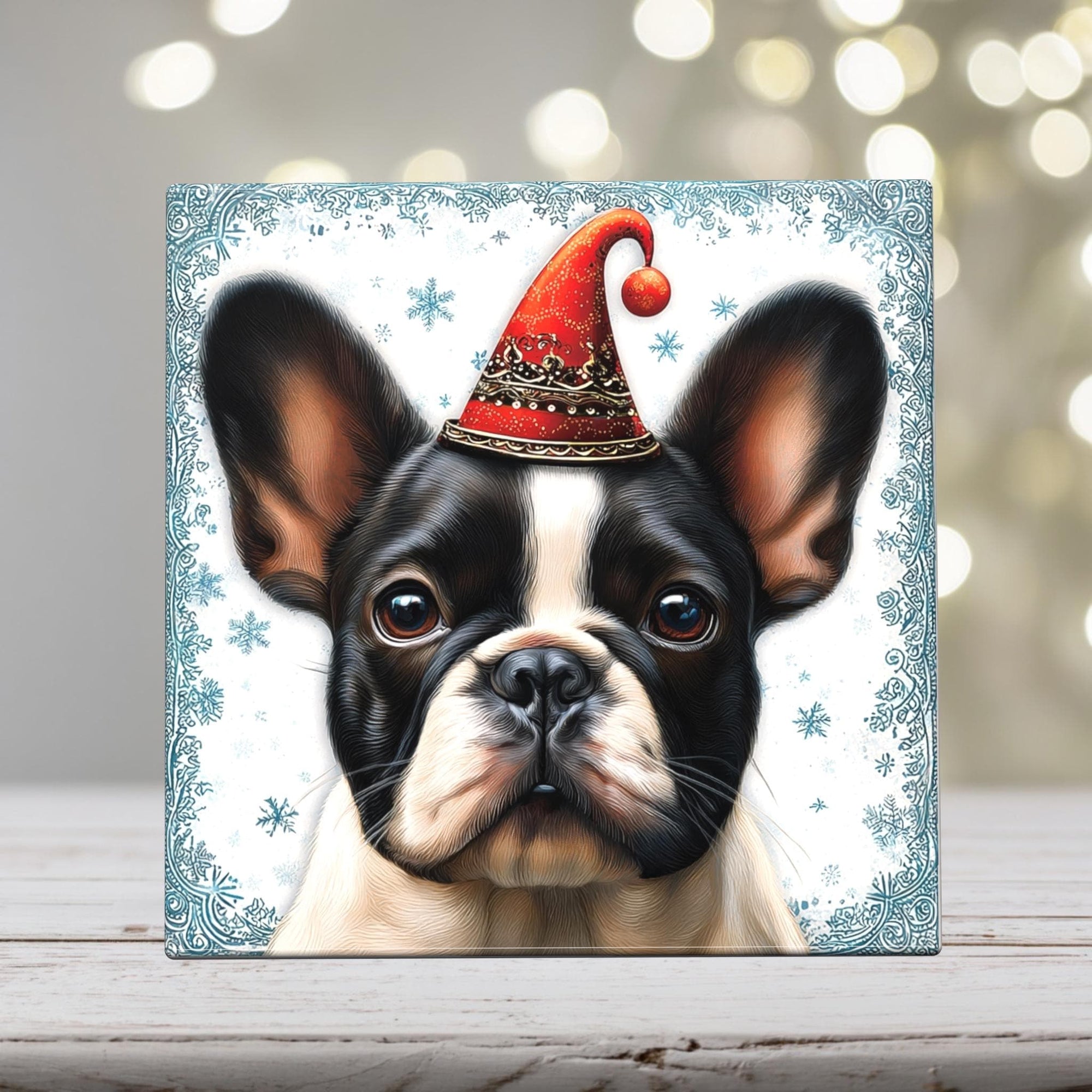French Bulldog in Fancy Elf Hat– Christmas Dog Porcelain Tile