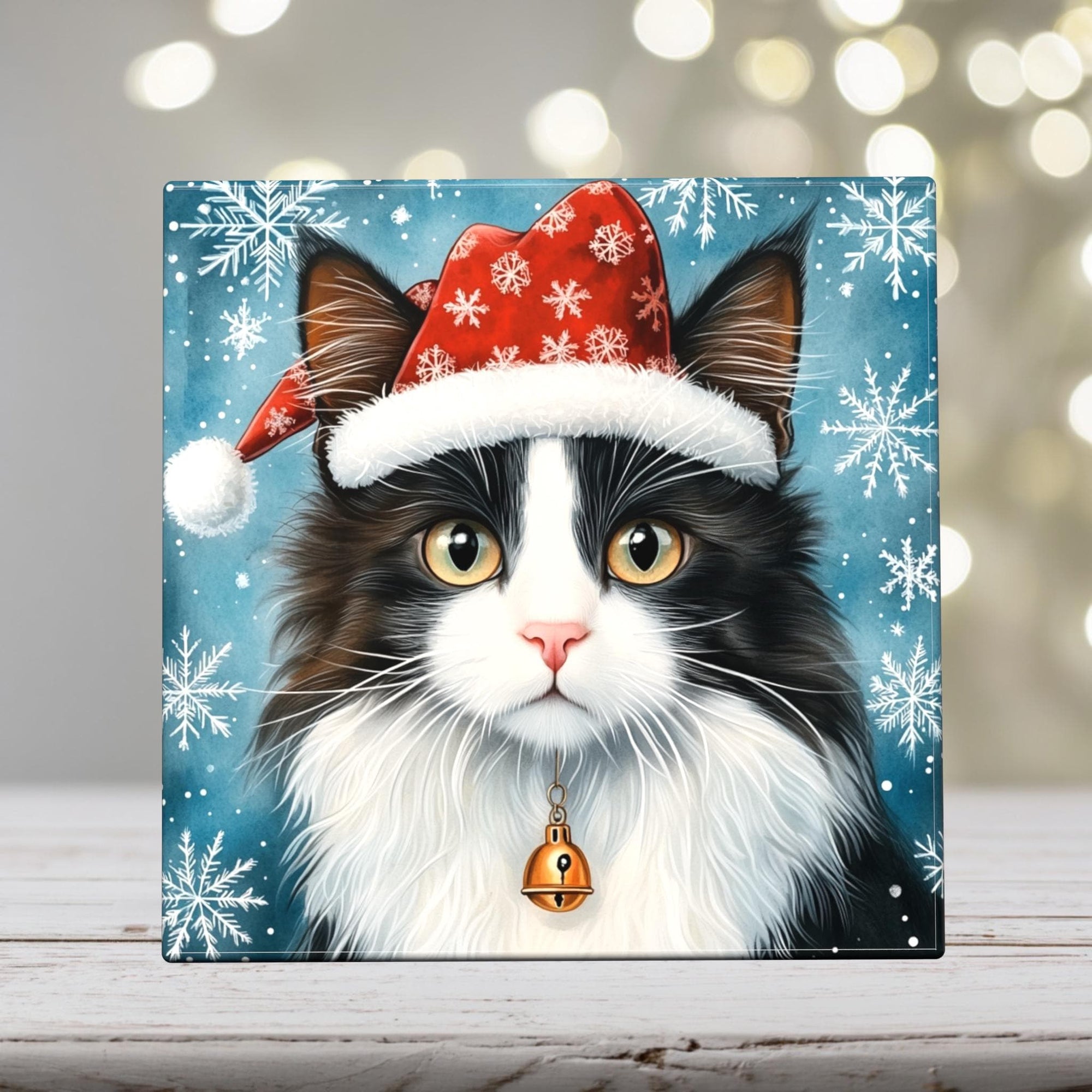 Black and White Longhair Cat with Bell – Christmas Cat Porcelain Tile