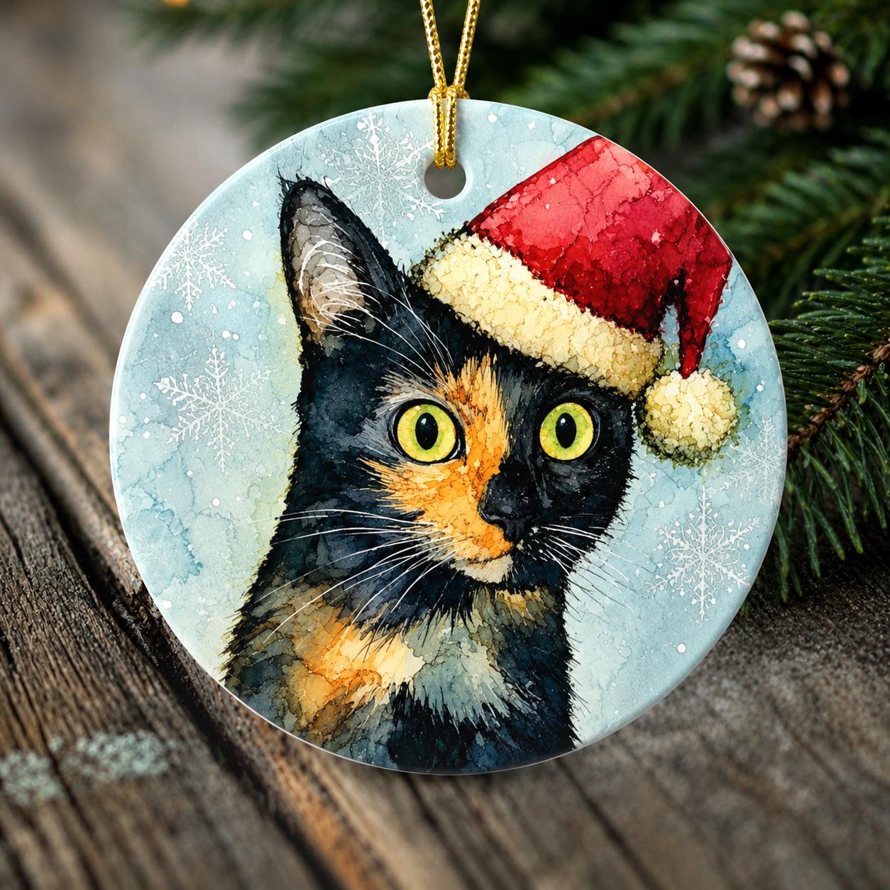 Ember the Christmas Cat Ornament – Tortoiseshell Cat in Santa Hat | Double-Sided Porcelain Christmas Ornament | Original Cat Art
