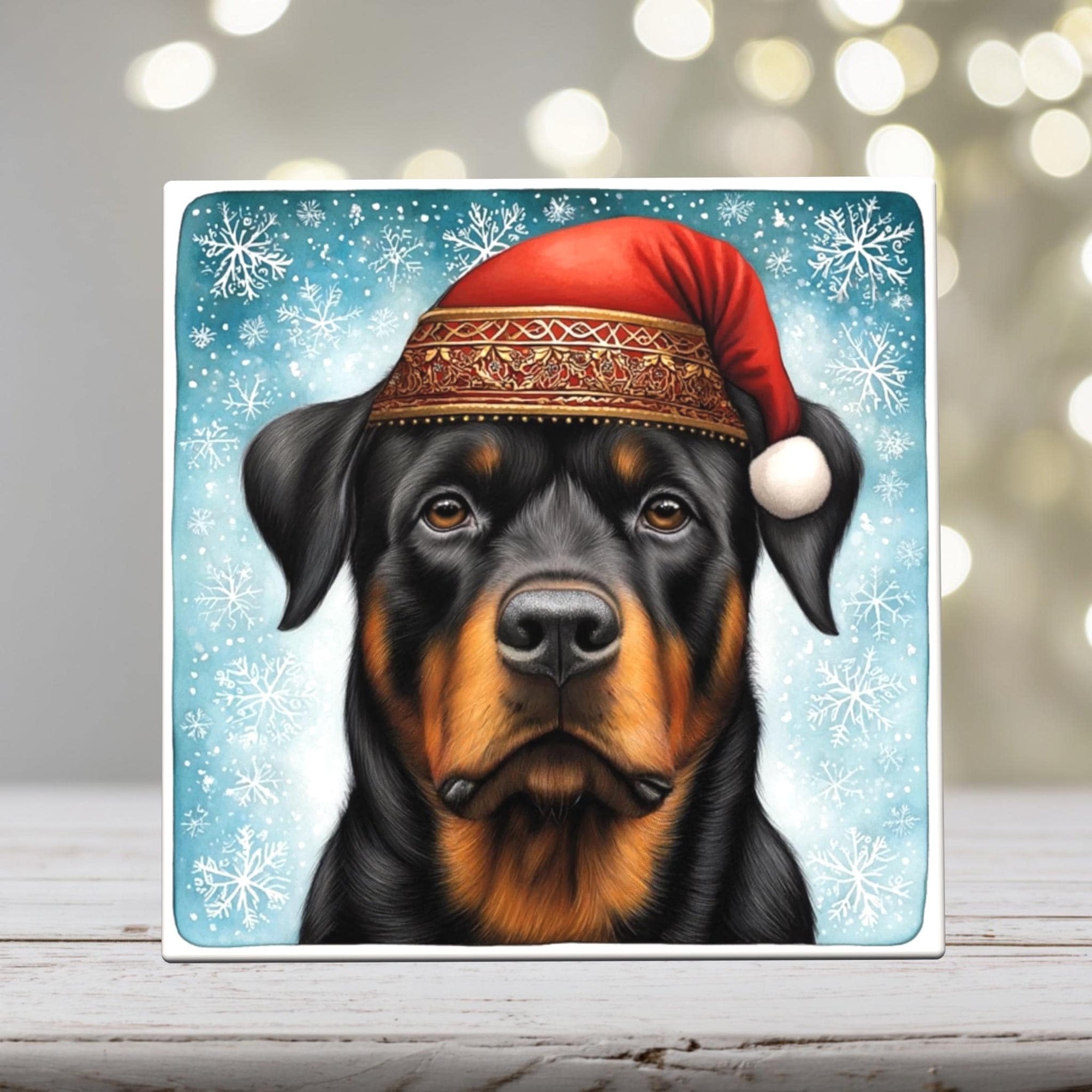 Rottweiler in Santa Hat – Christmas Dog Porcelain Tile
