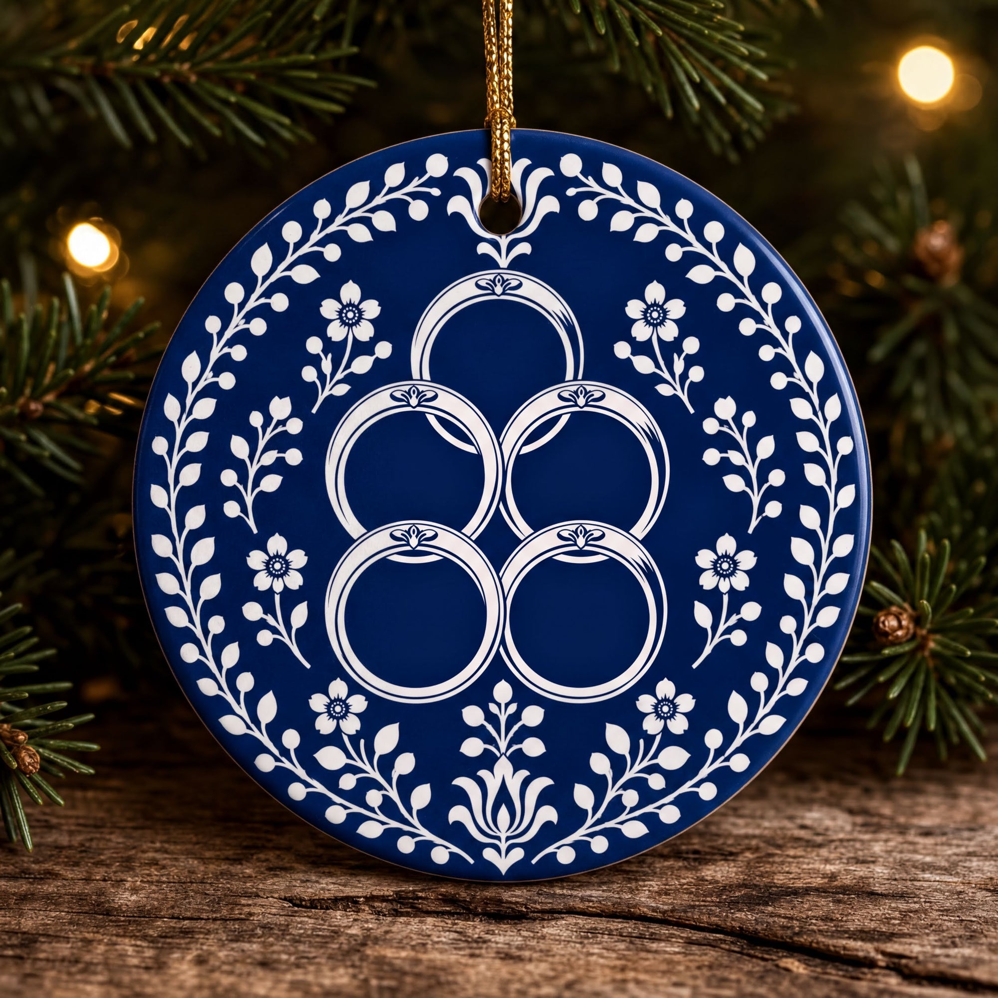 A blue and white ornament with a floral design and a central ring pattern is hanging on a Christmas tree.
