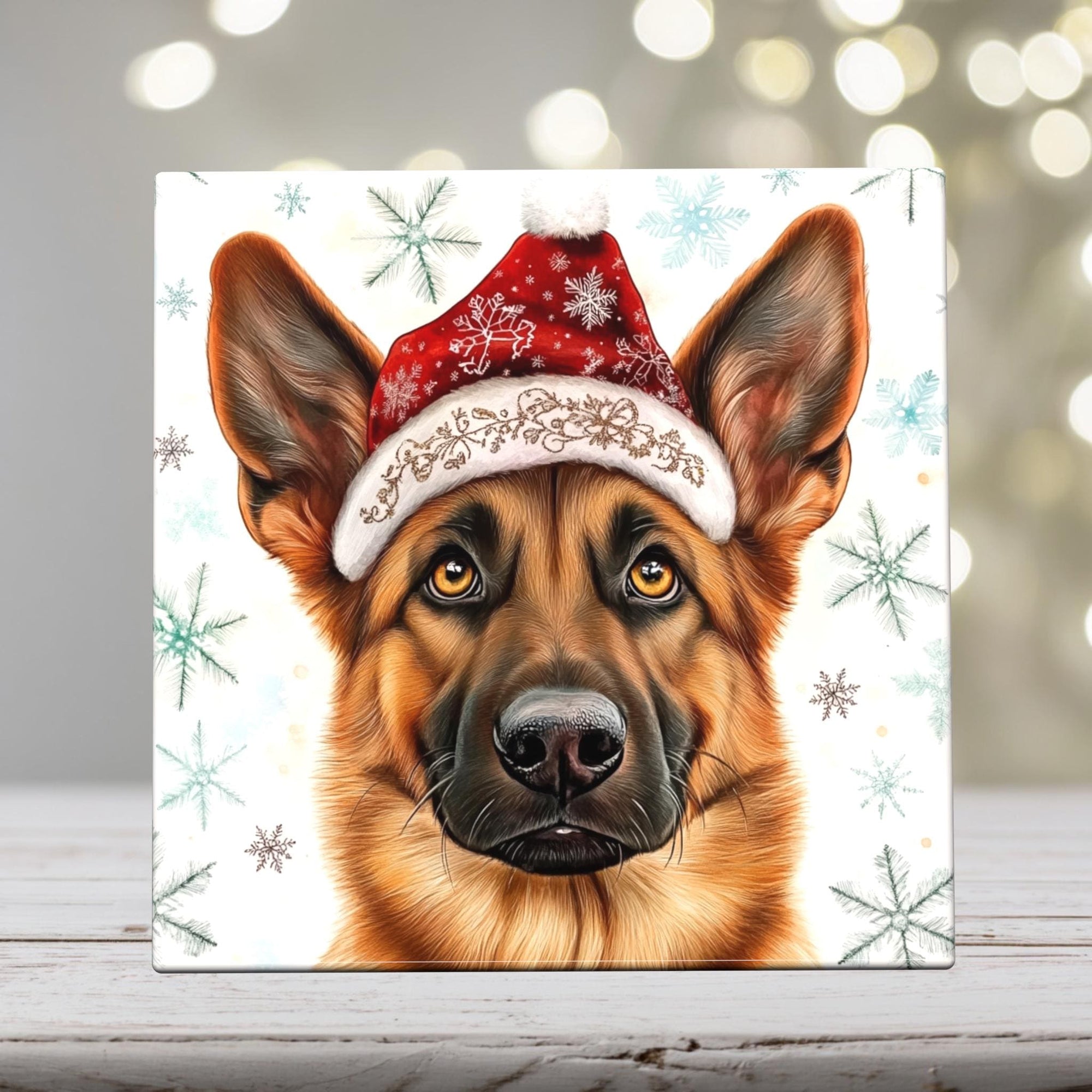 German Shepherd in Santa Hat – Christmas Dog Art Tile