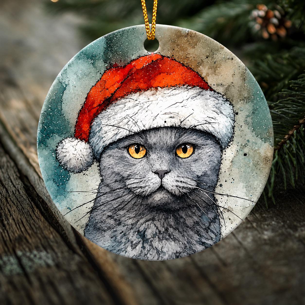Winston the Christmas Cat Ornament – British Shorthair Cat in Santa Hat | Double-Sided Porcelain Christmas Ornament | Original Cat Art