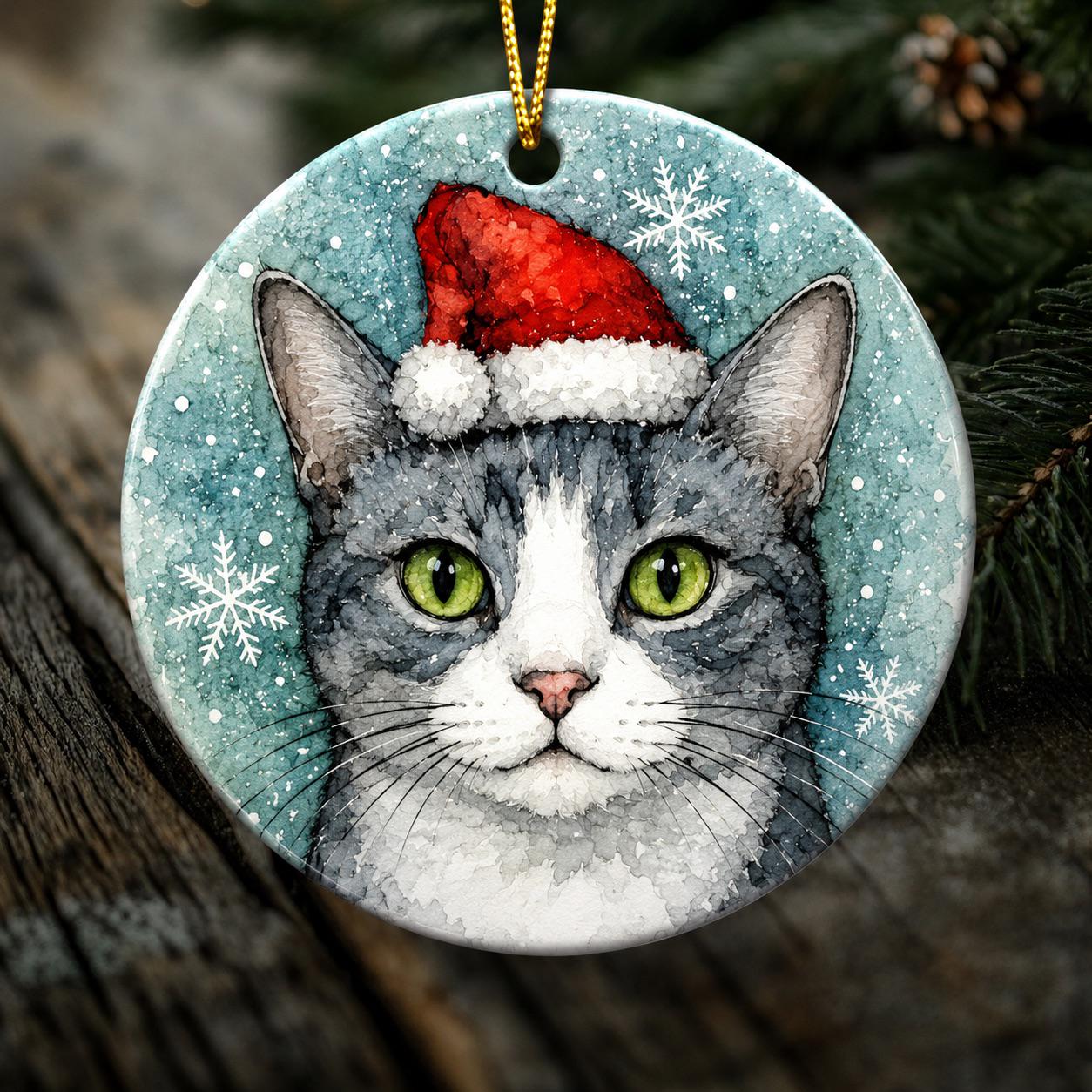 Charlie the Christmas Cat Ornament – Gray & White Tabby Cat in Santa Hat | Double-Sided Porcelain Christmas Ornament | Original Cat Art