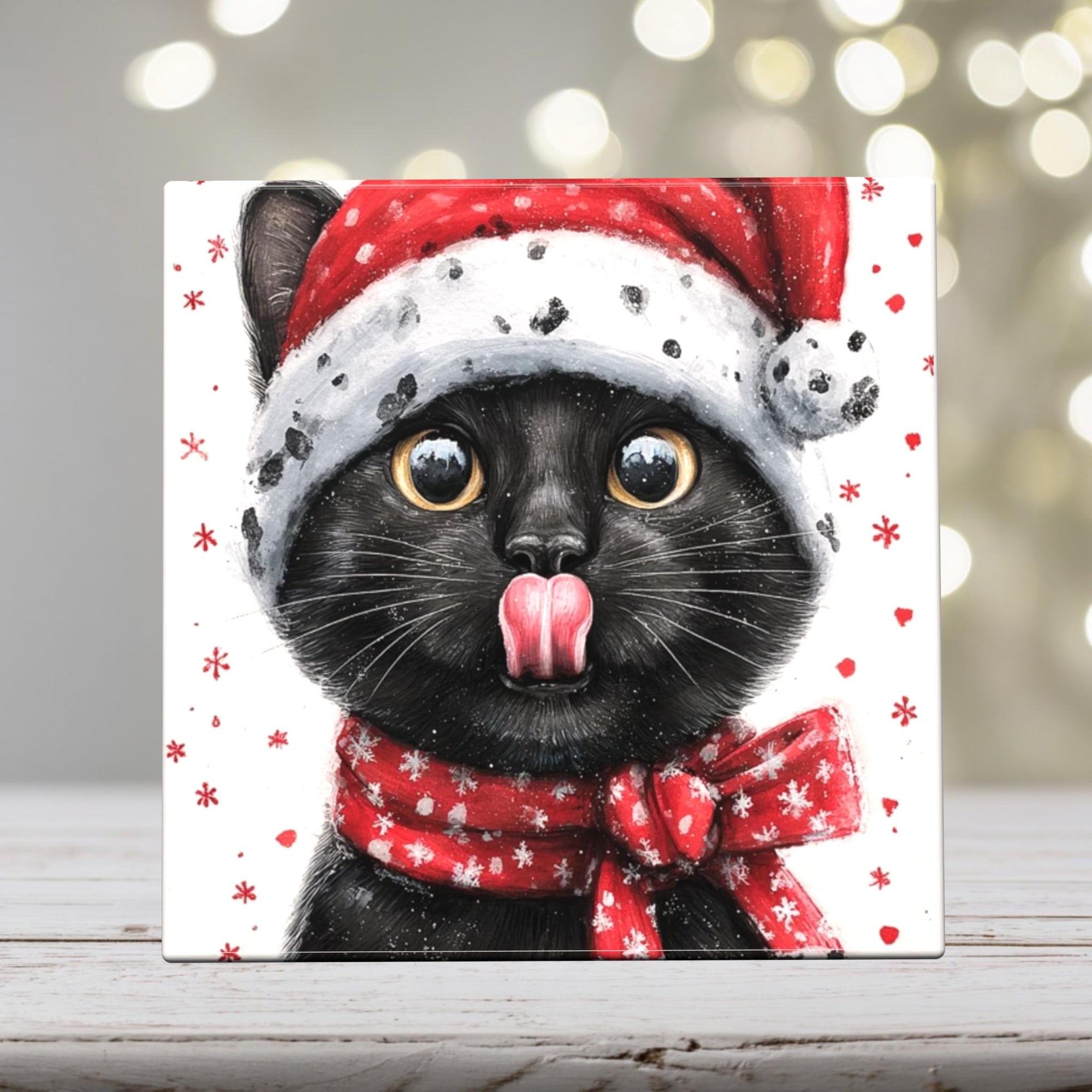 Black Cat with Tongue Out – Christmas Cat Porcelain Tile