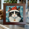 Black and White Longhair Cat with Bell – Christmas Cat Porcelain Tile