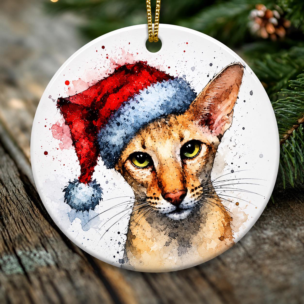 Ozzy the Christmas Cat Ornament – Oriental Shorthair Cat in Santa Hat | Double-Sided Porcelain Christmas Ornament | Original Cat Art