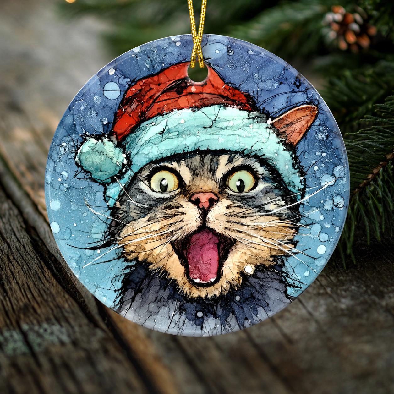 Chaos the Christmas Cat Ornament – Funny Gray Tabby Cat in Santa Hat | Double-Sided Porcelain Christmas Ornament | Original Cat Art