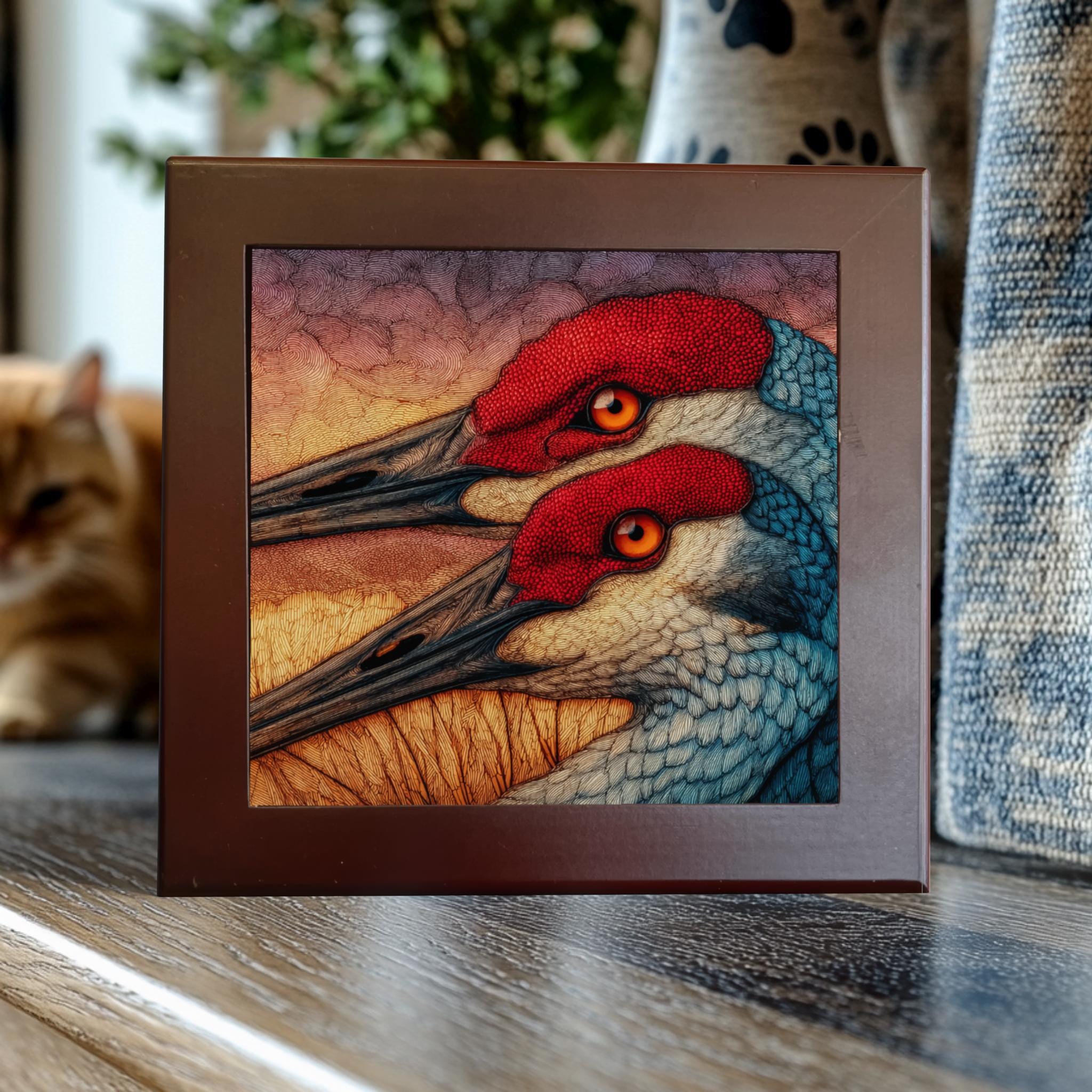 S349 ヨルゲンセン＆モルヒ ガラスプレート 25cm デンマーク アート Sandhill Cranes at Dusk – Dramatic Bird Art on Porcelain Tile