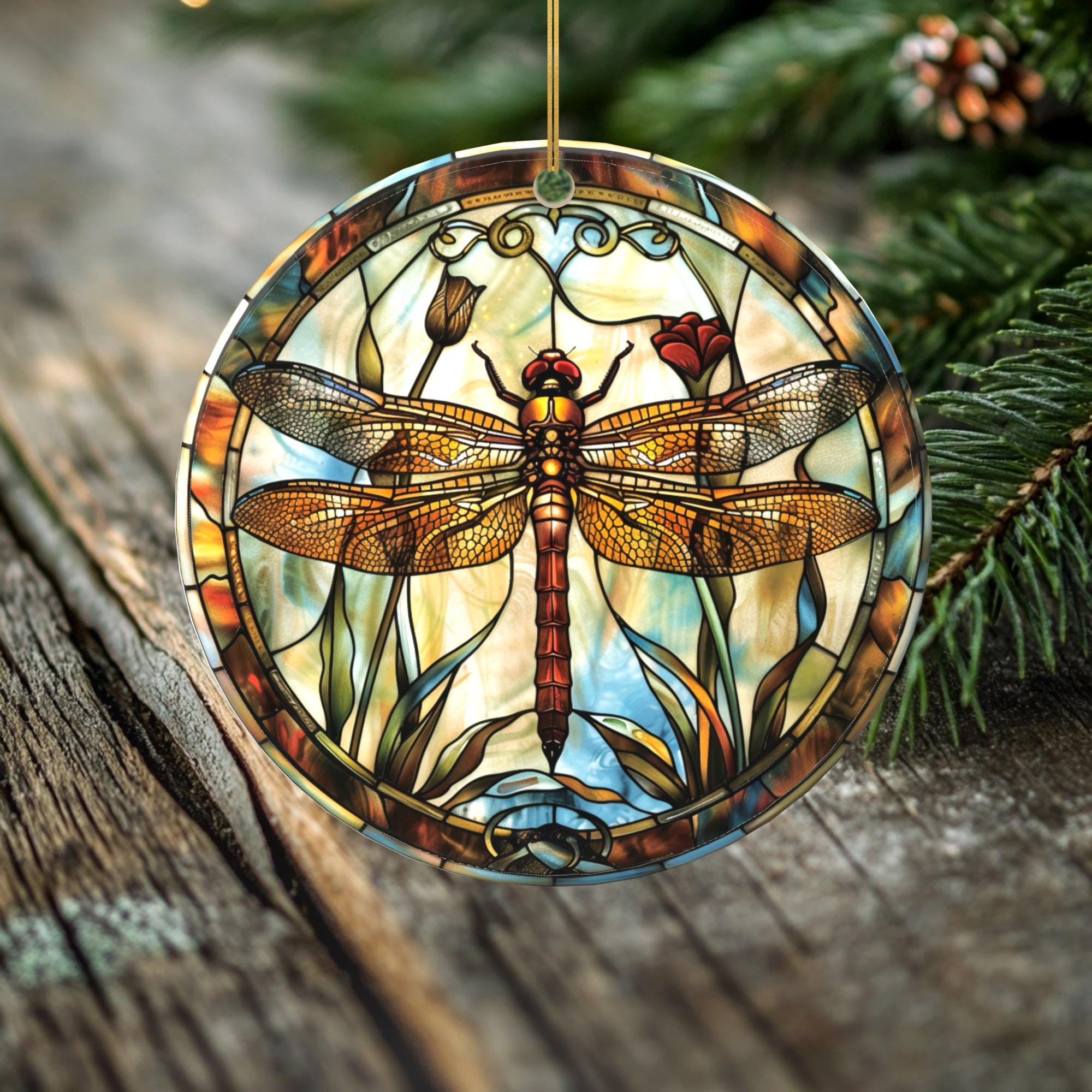 Woodland Light Dragonfly Ornament – Double Sided Porcelain Keepsake – Stained Glass Look Rustic Holiday Gift