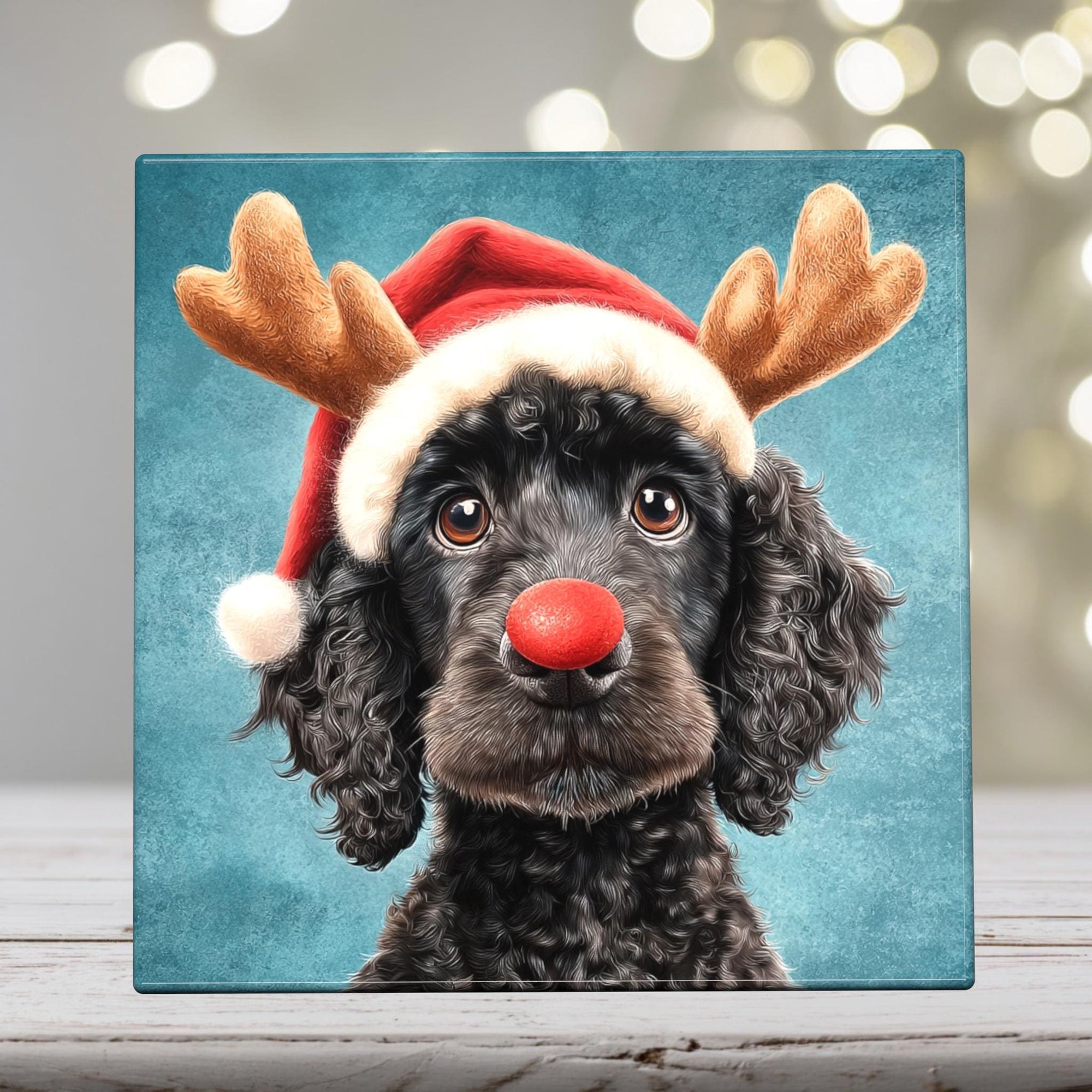 Black Poodle as Rudolph – Christmas Dog Porcelain Tile