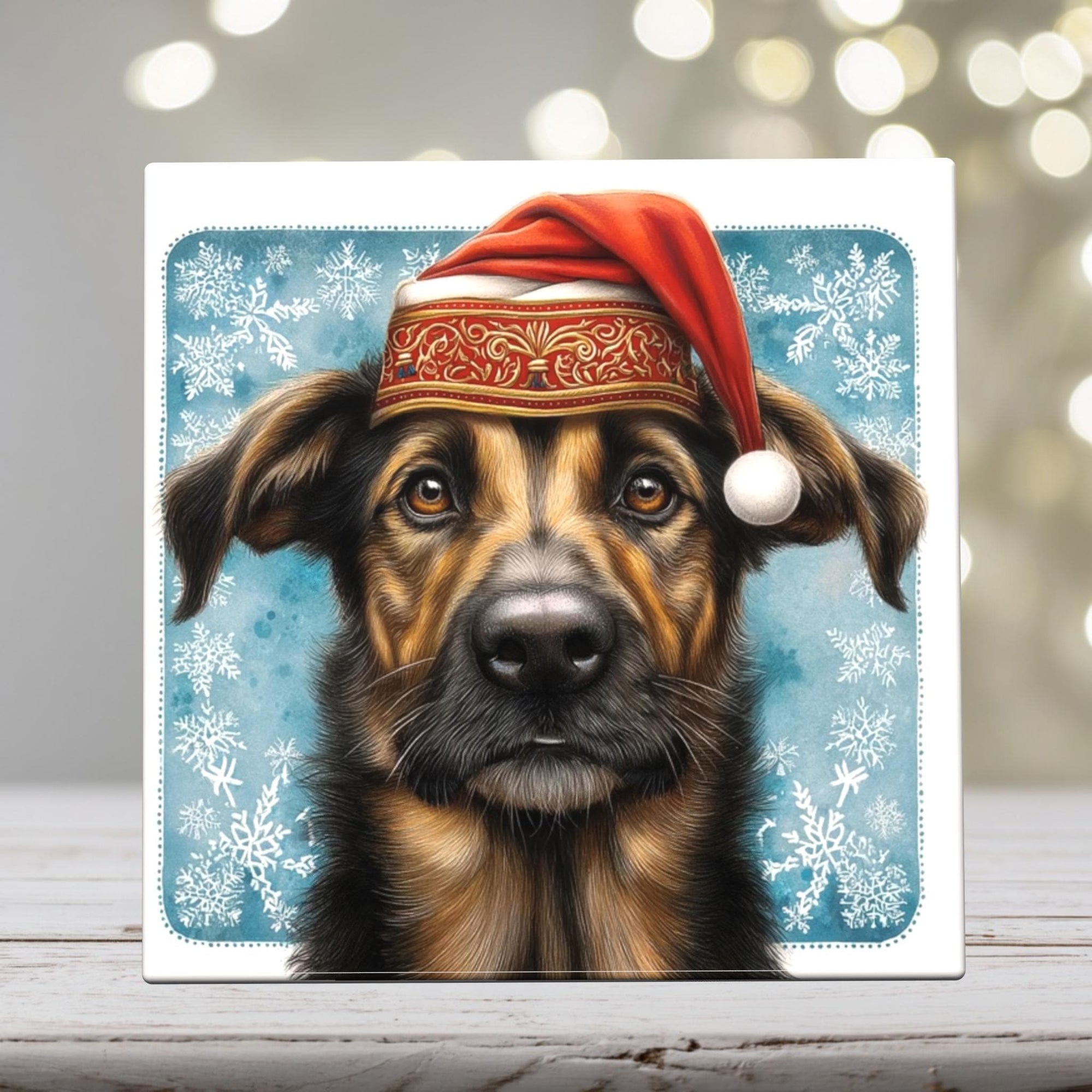 Mixed Breed Dog in Red Christmas Hat – Christmas Dog Art Tile
