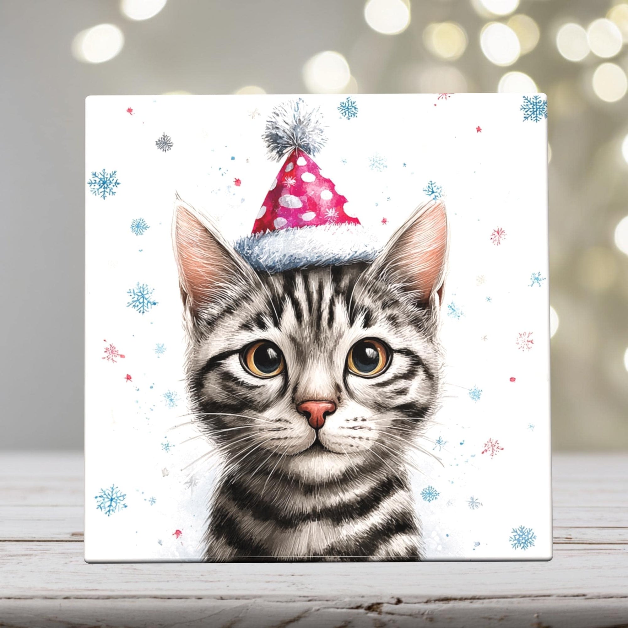 Grey Tabby in Polka Dot Hat – Christmas Cat Porcelain Tile