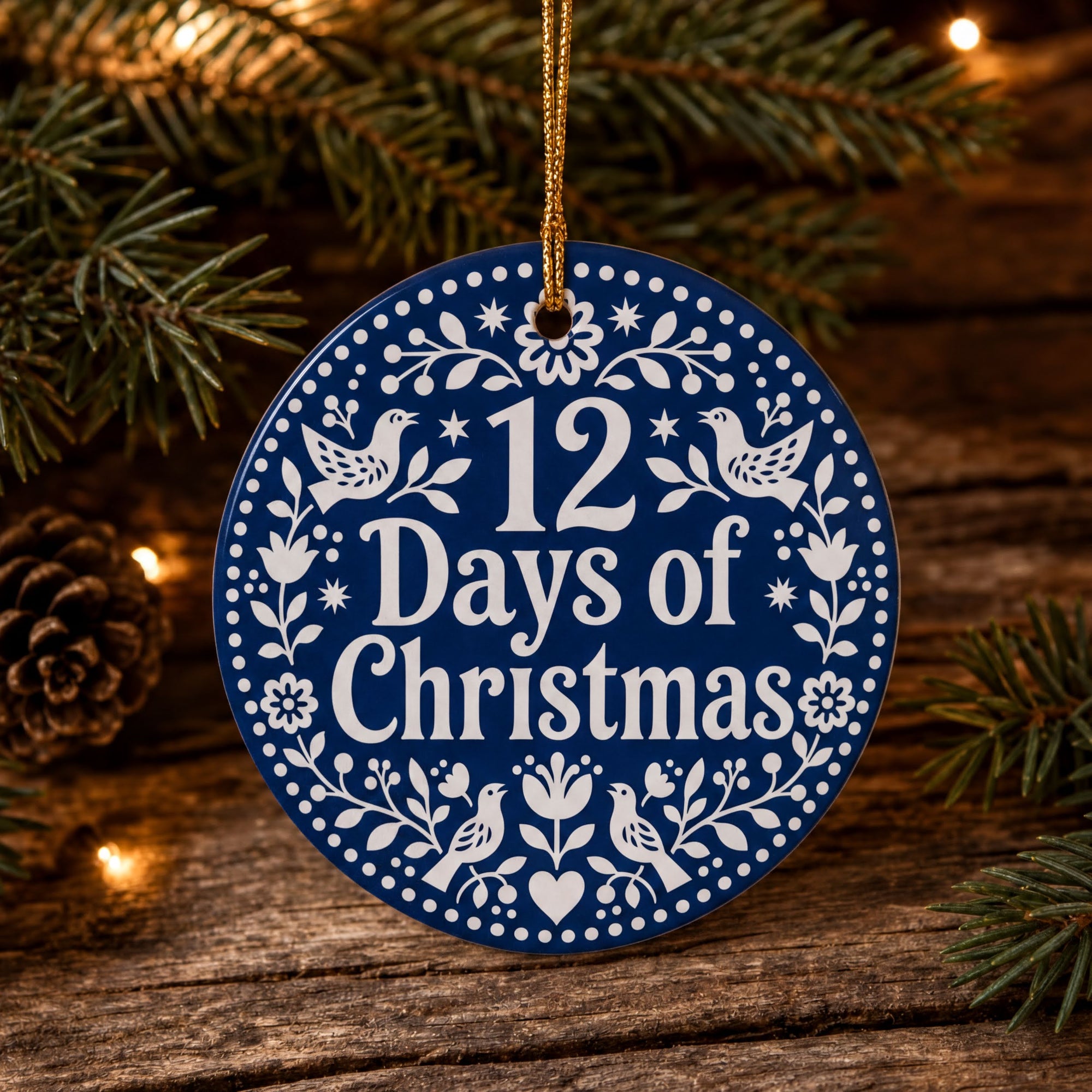 A blue ornament with the text "12 Days of Christmas" hanging from a string, surrounded by pine branches and pine cones.