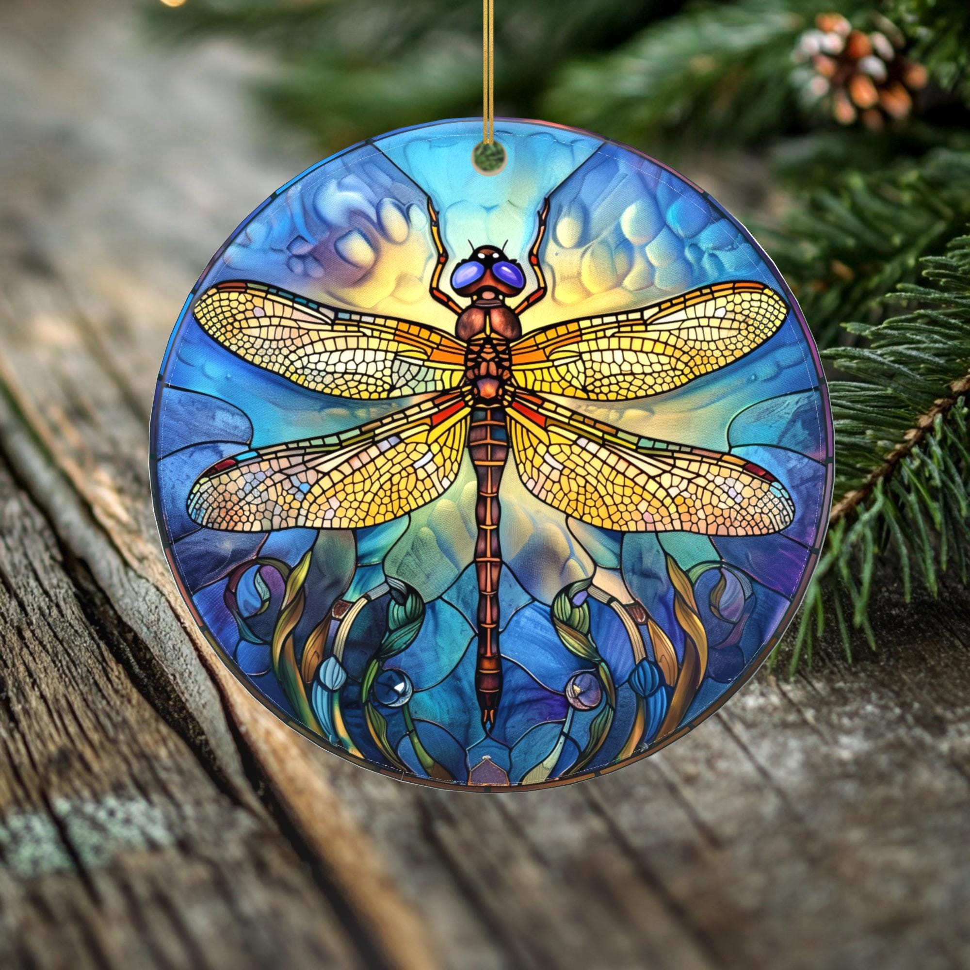 Ocean Light Dragonfly Ornament – Double Sided Porcelain Keepsake – Stained Glass Look Remembrance Gift