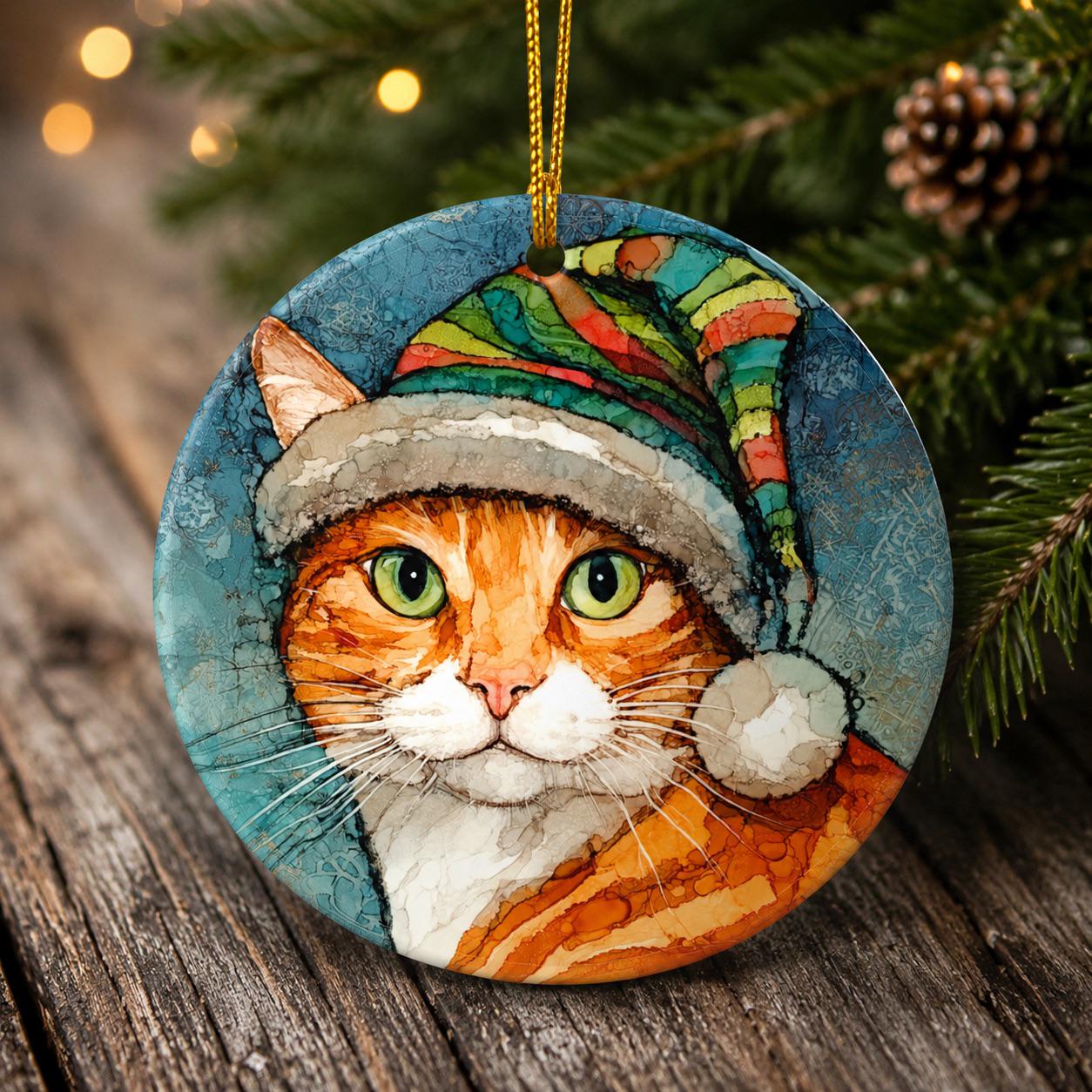 Oliver the Christmas Cat Ornament – Orange Tabby in Striped Santa Hat | Double-Sided Porcelain | Original Cat Art