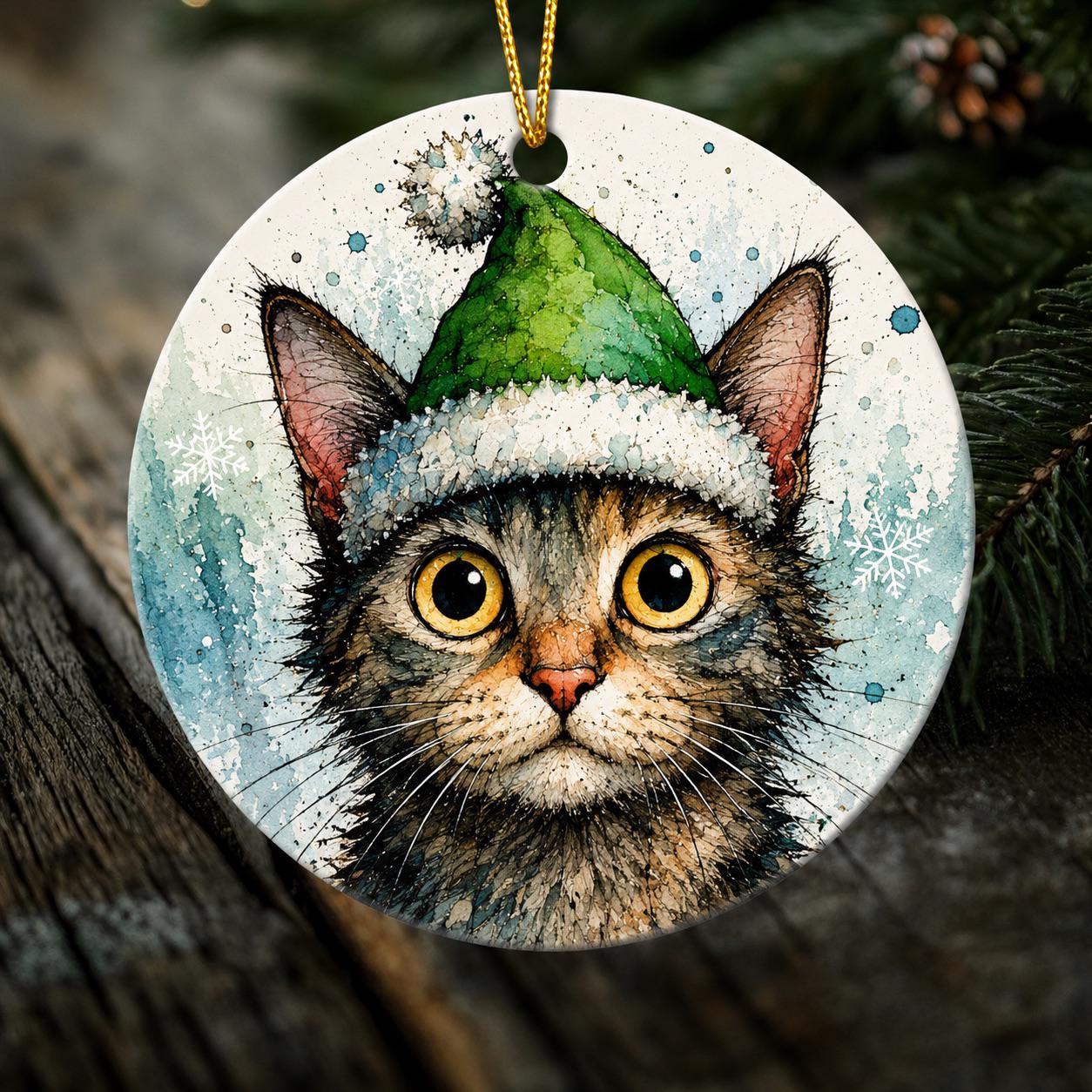 Gizmo the Christmas Cat Ornament – Brown Tabby Cat in Green Santa Hat | Double-Sided Porcelain Christmas Ornament | Original Cat Art