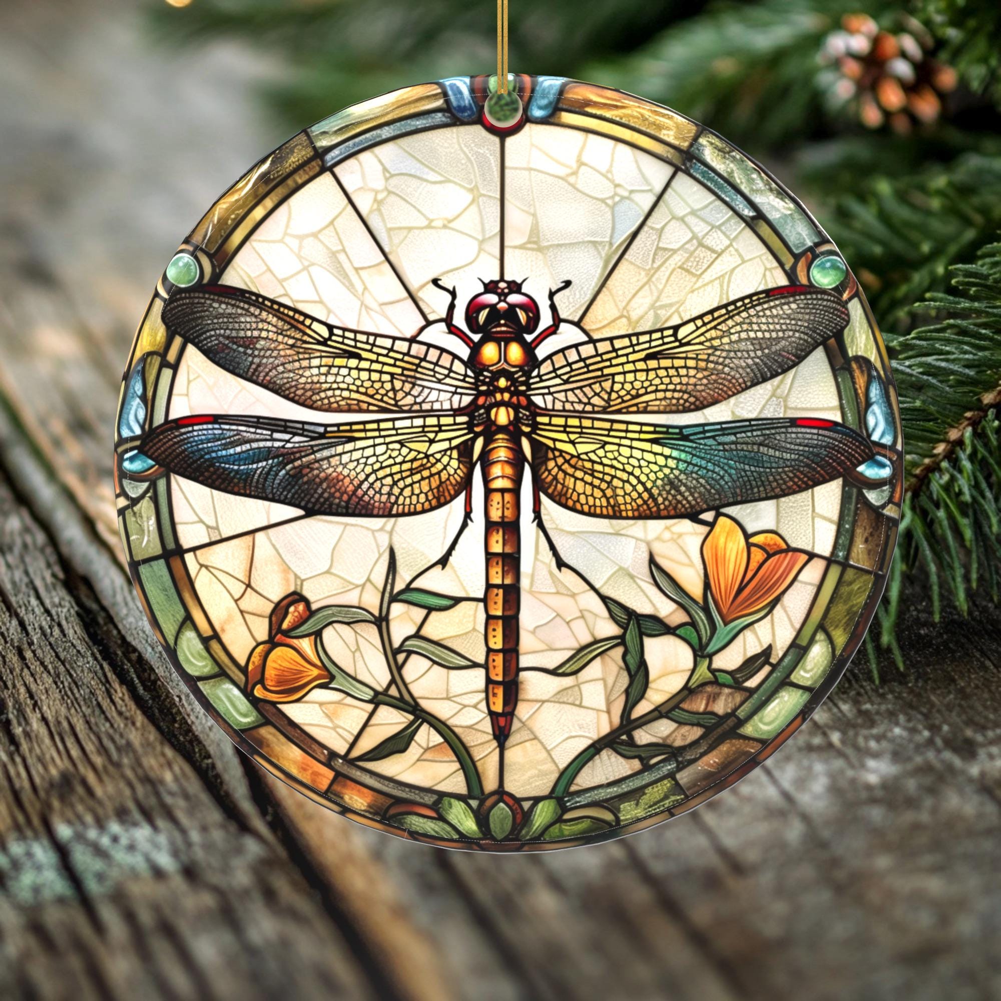 Golden Blossom Dragonfly Ornament – Double Sided Porcelain Keepsake – Stained Glass Look Remembrance Gift