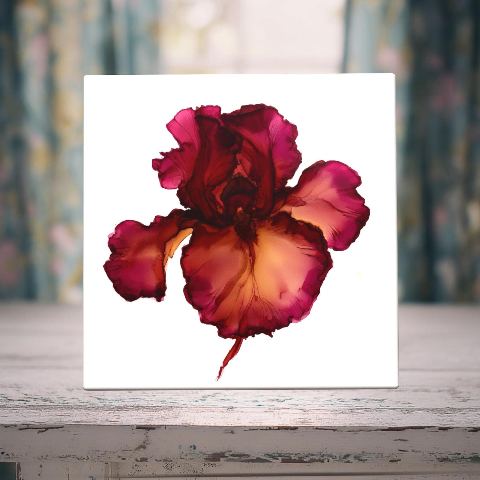 Crimson Iris Blossom Porcelain Tile Art — Blossoms Collection