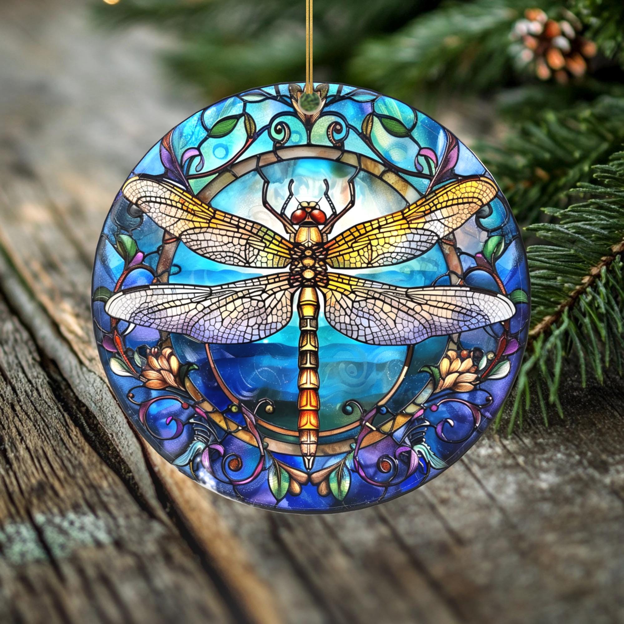 Royal Bloom Dragonfly Ornament – Double Sided Porcelain Keepsake – Stained Glass Look Holiday or Memorial Gift