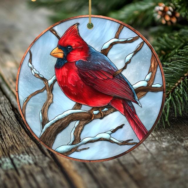 Cardinal Christmas Ornament – Porcelain Stained Glass Look – Double Sided – Sold Individually or as Set of 7