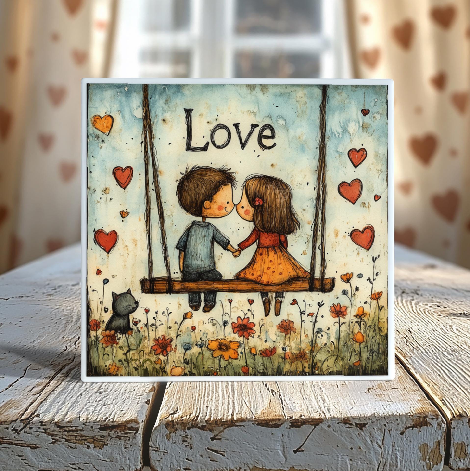 Swinging into Love Watercolor Tile - 4-Inch or 6-Inch | Peeping Tom’s Cottage