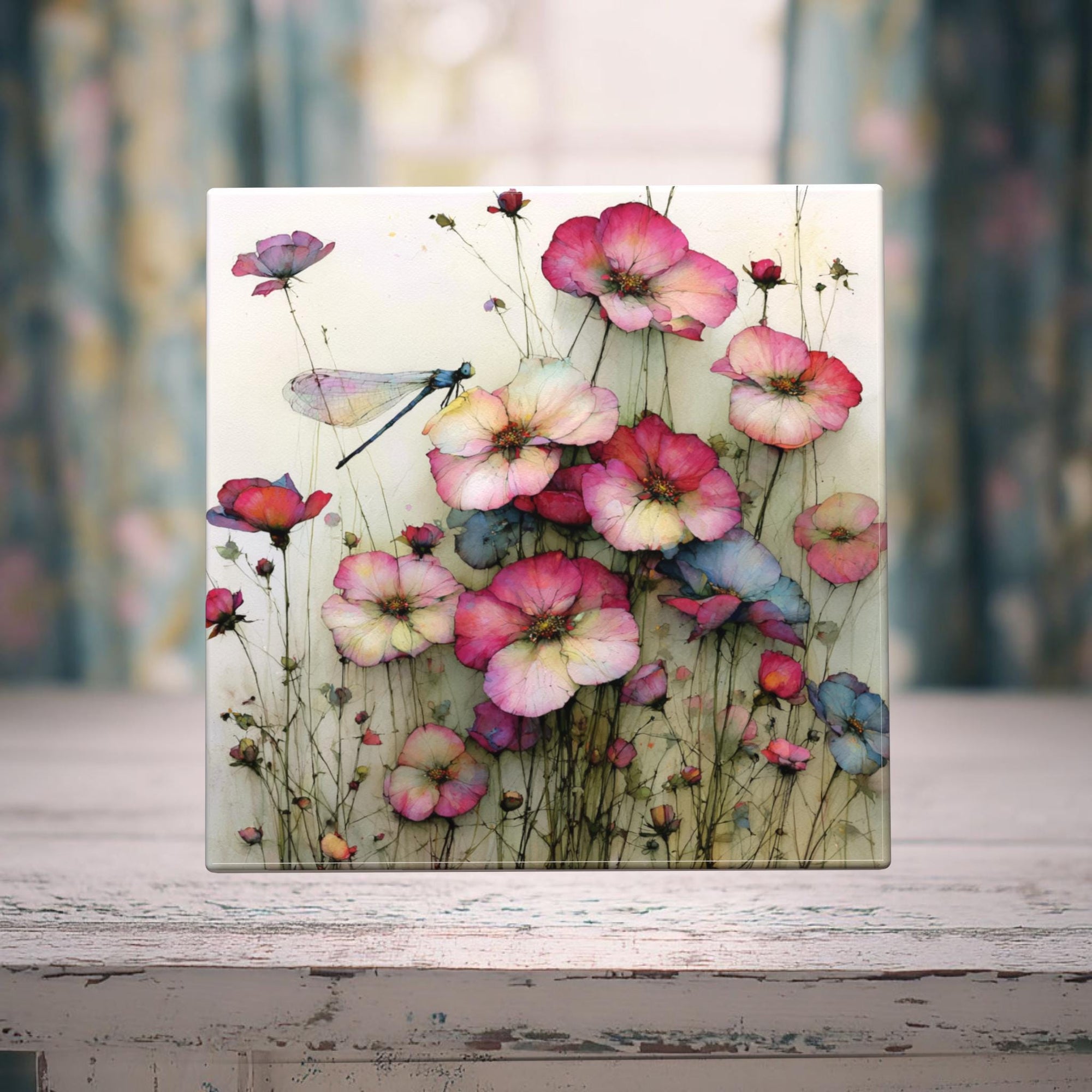Damselfly Reverie | Floral Porcelain Tile | Watercolor Wildflower Garden Decor | Miss Havisham’s Garden Collection
