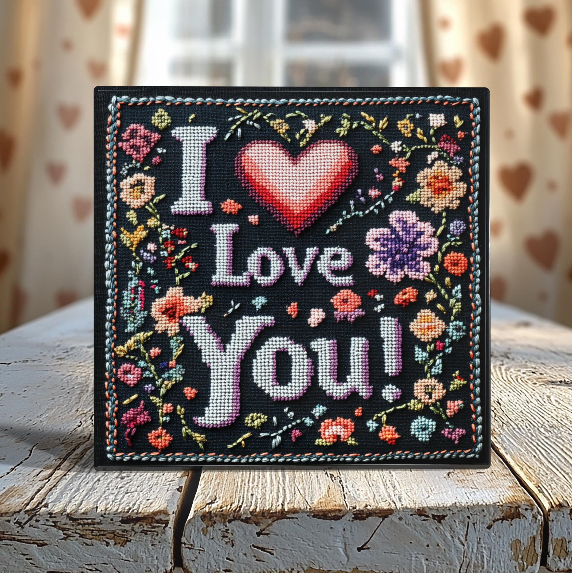 I Heart Love You Embroidery Look Tile - 4-Inch or 6-Inch | Peeping Tom’s Cottage