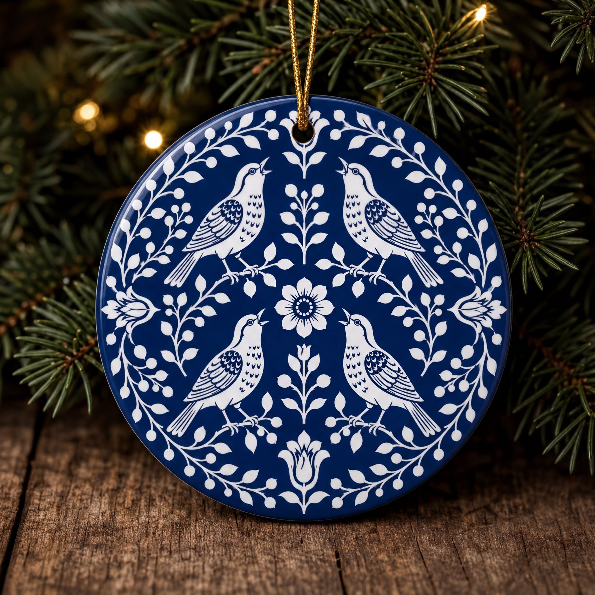 A blue and white ornamental ornament with a floral design hangs on a pine tree branch.