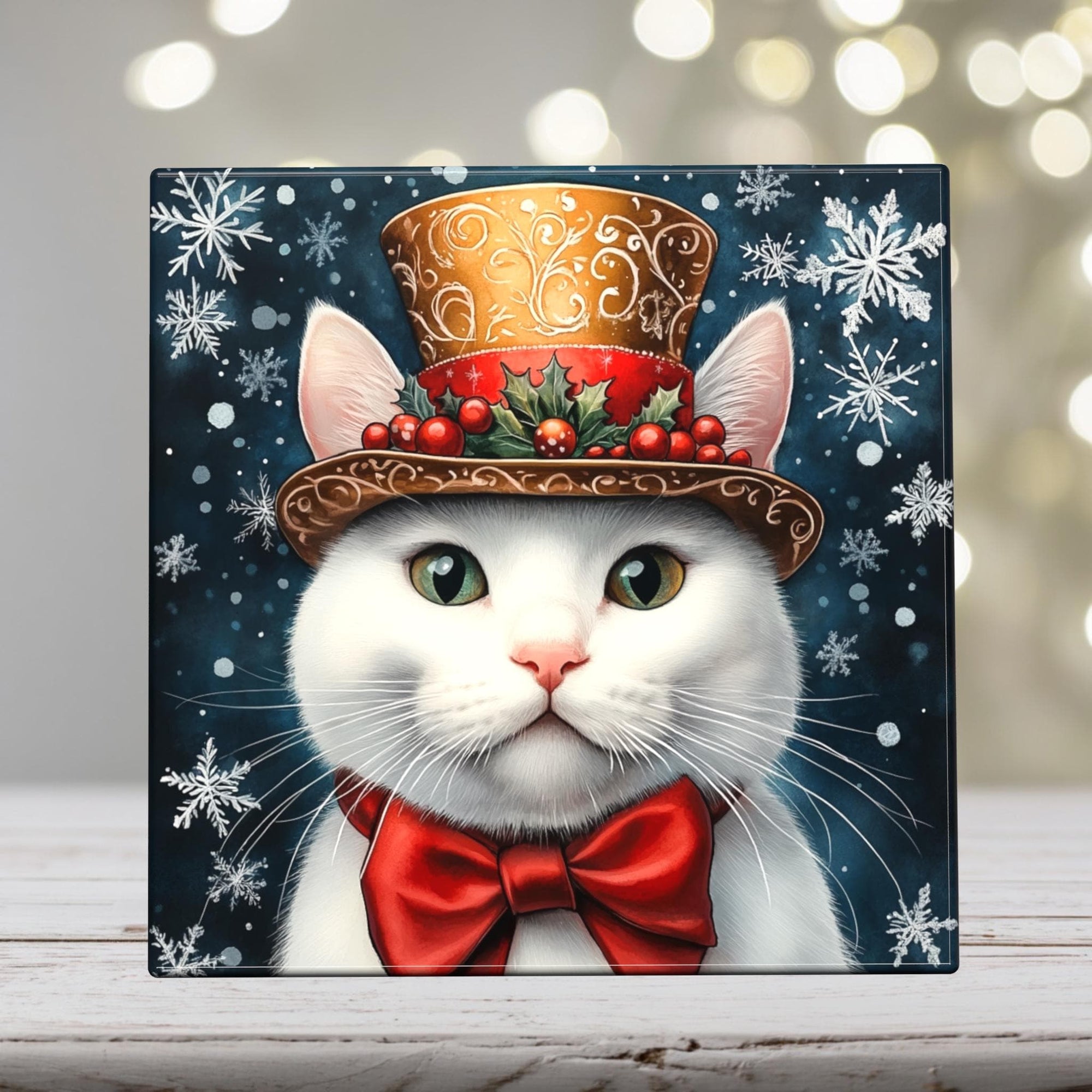 White Cat in Holly Top Hat – Christmas Cat Porcelain Tile