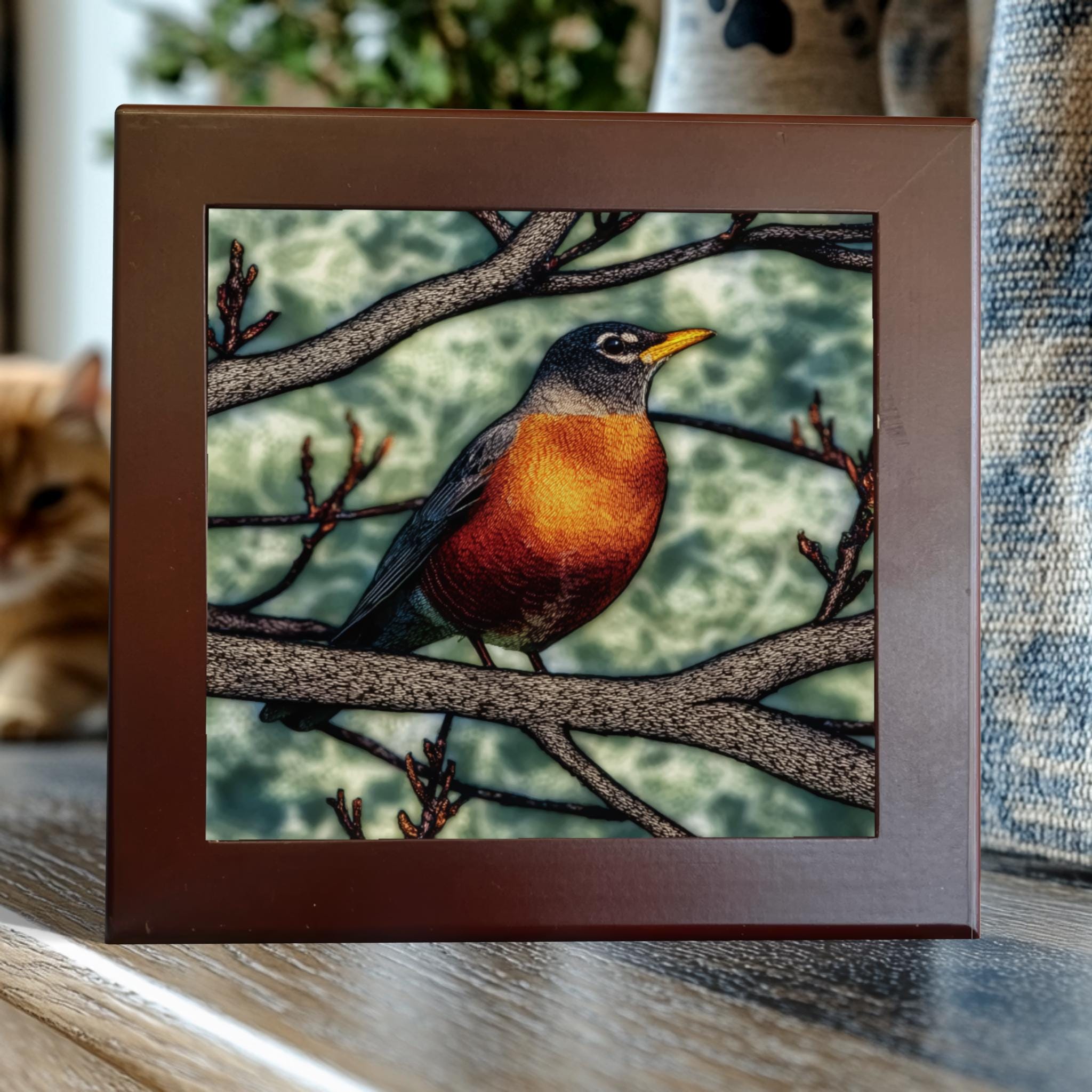 American Robin in Spring – Handcrafted Tile for Bird & Garden