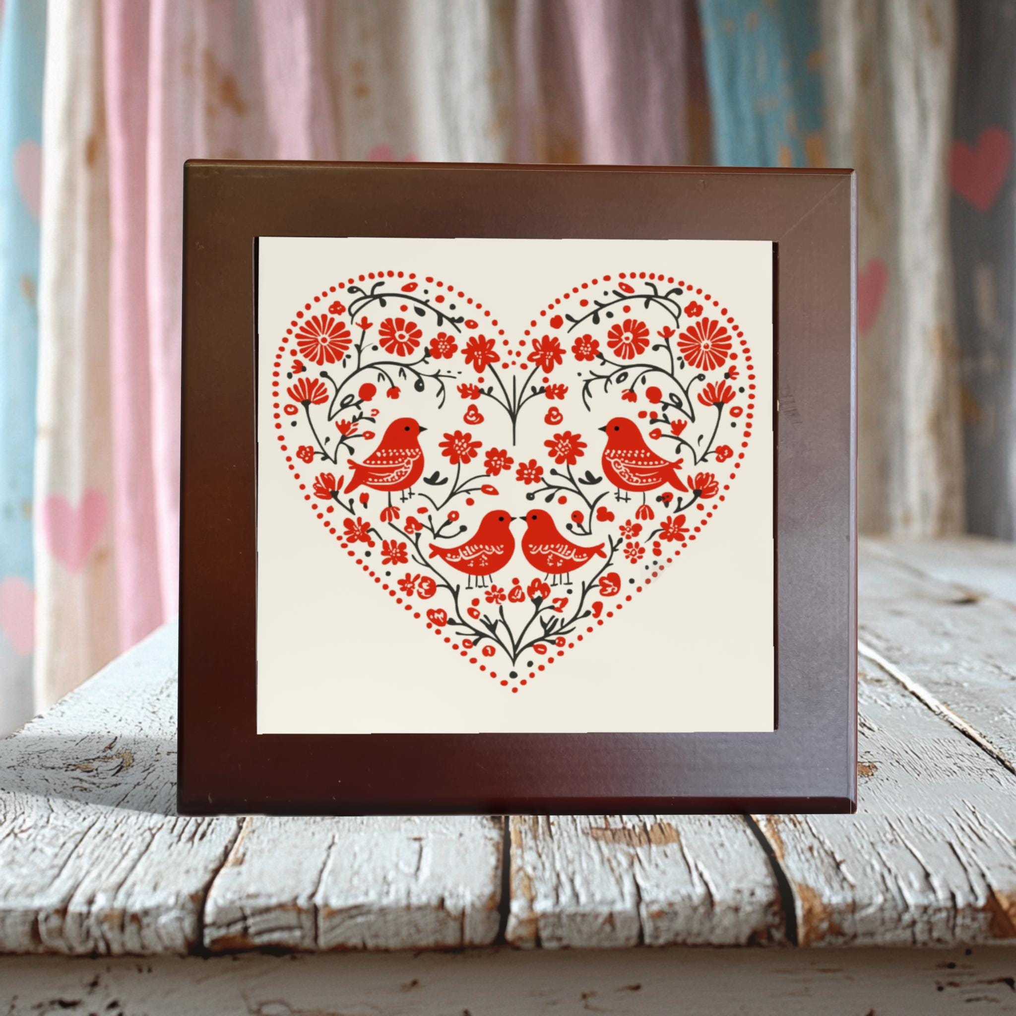 Folk Art Heart with Red Birds Tile - 4-Inch or 6-Inch | Peeping