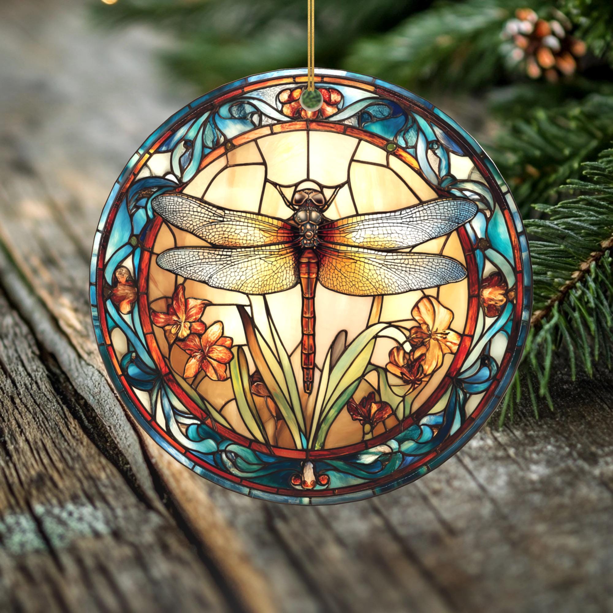 Amber Grace Dragonfly Ornament – Double Sided Porcelain Keepsake – Stained Glass Look Holiday Memorial Gift