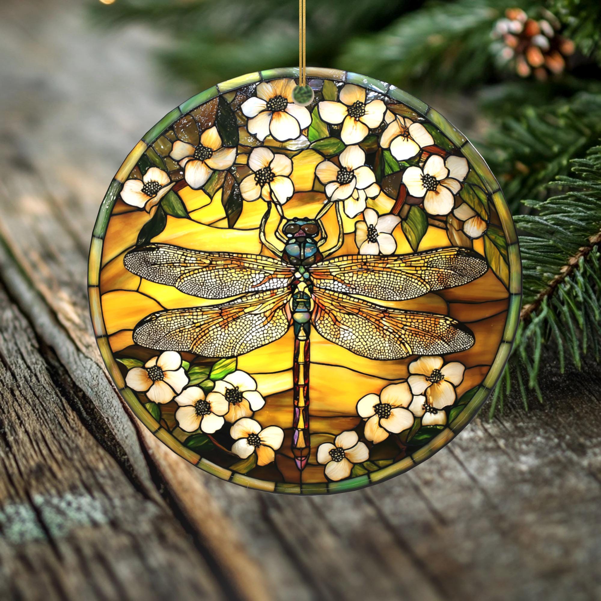 Dogwood Blossom Dragonfly Ornament – Double Sided Porcelain Keepsake – Stained Glass Look Remembrance Gift