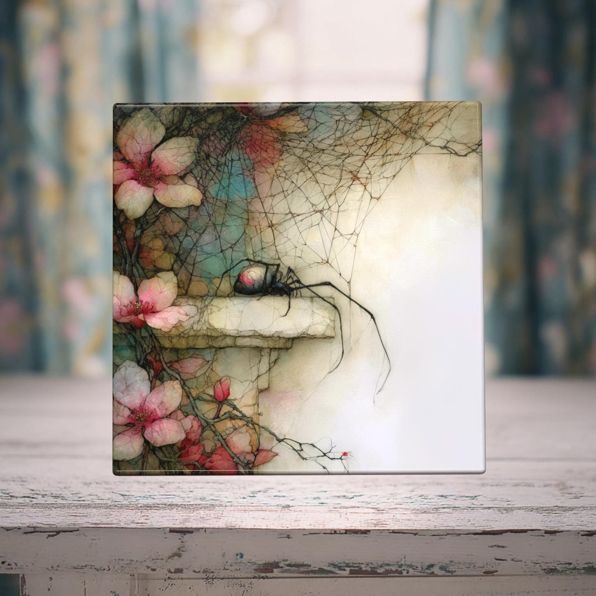 The Widow’s Watch | Gothic Spider Porcelain Tile | Floral Web Botanical Decor | Miss Havisham’s Garden Collection