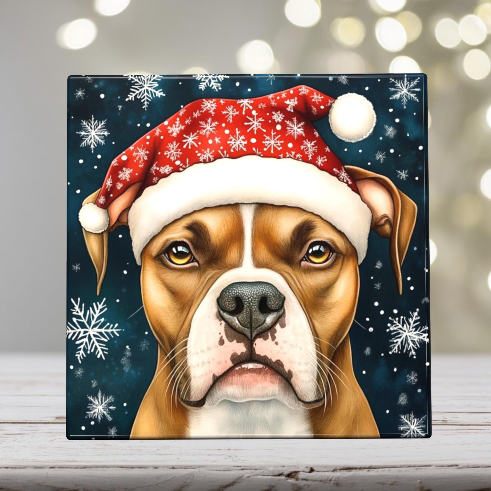 Grumpy Pit Bull in Santa Hat – Christmas Dog Porcelain Tile