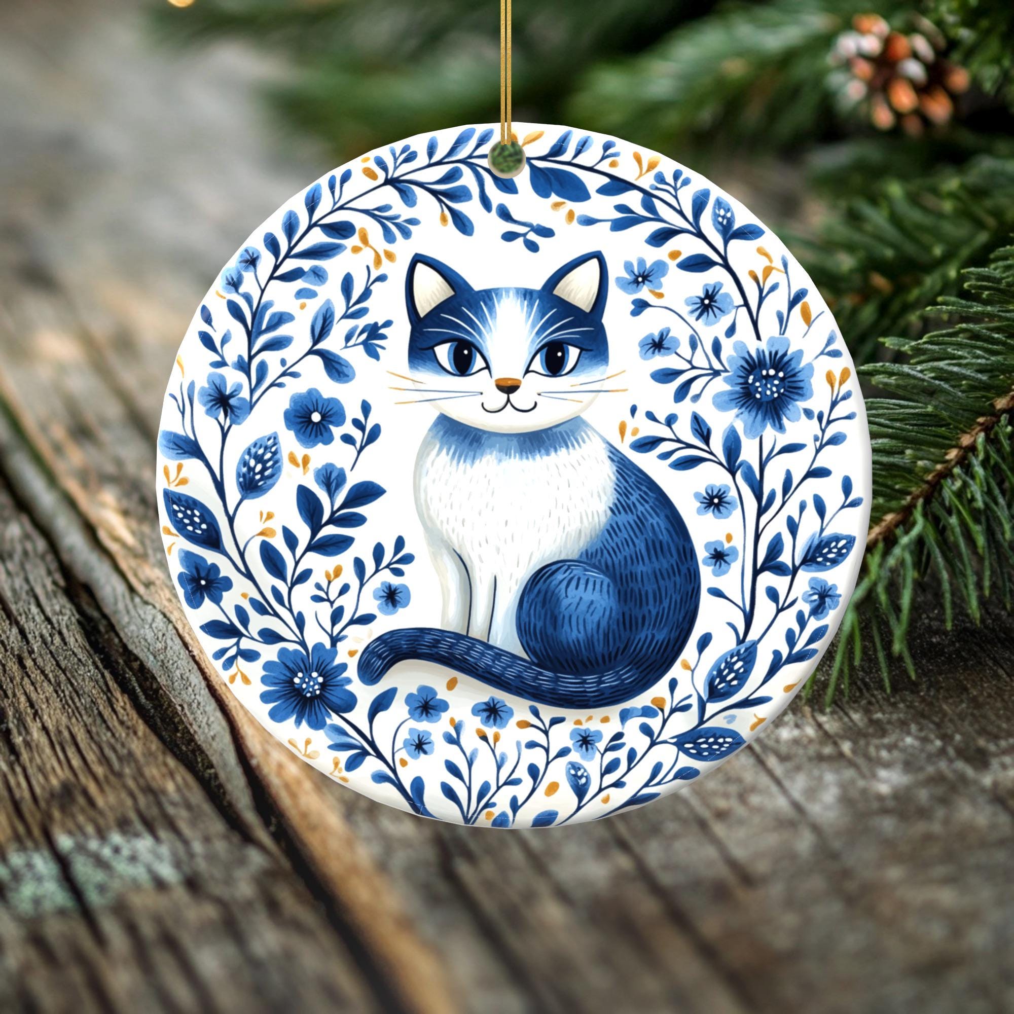 Blue Cat in Blossoms – Double-Sided Porcelain Ornament