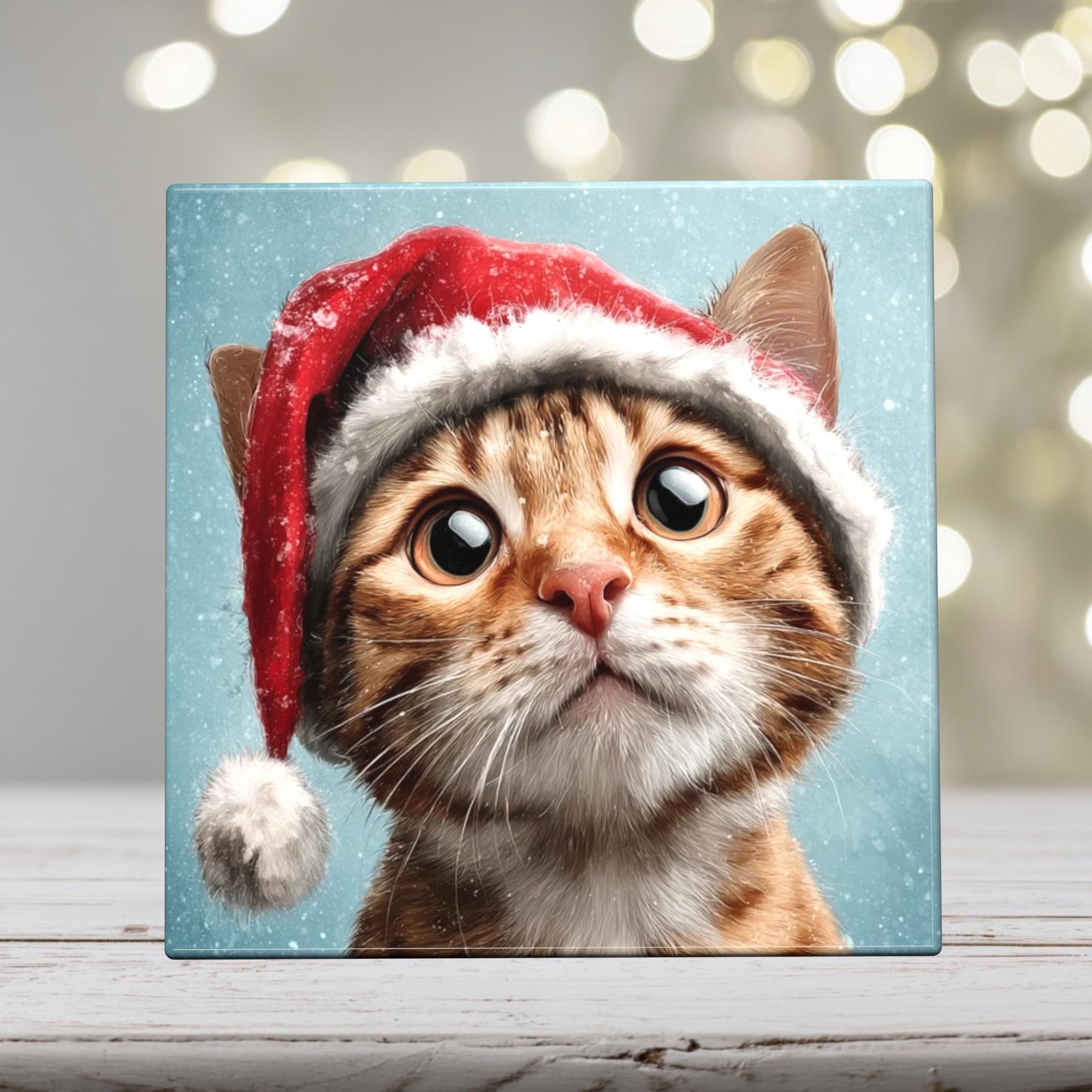 Brown Cat in Santa Hat – Christmas Cat Porcelain Tile