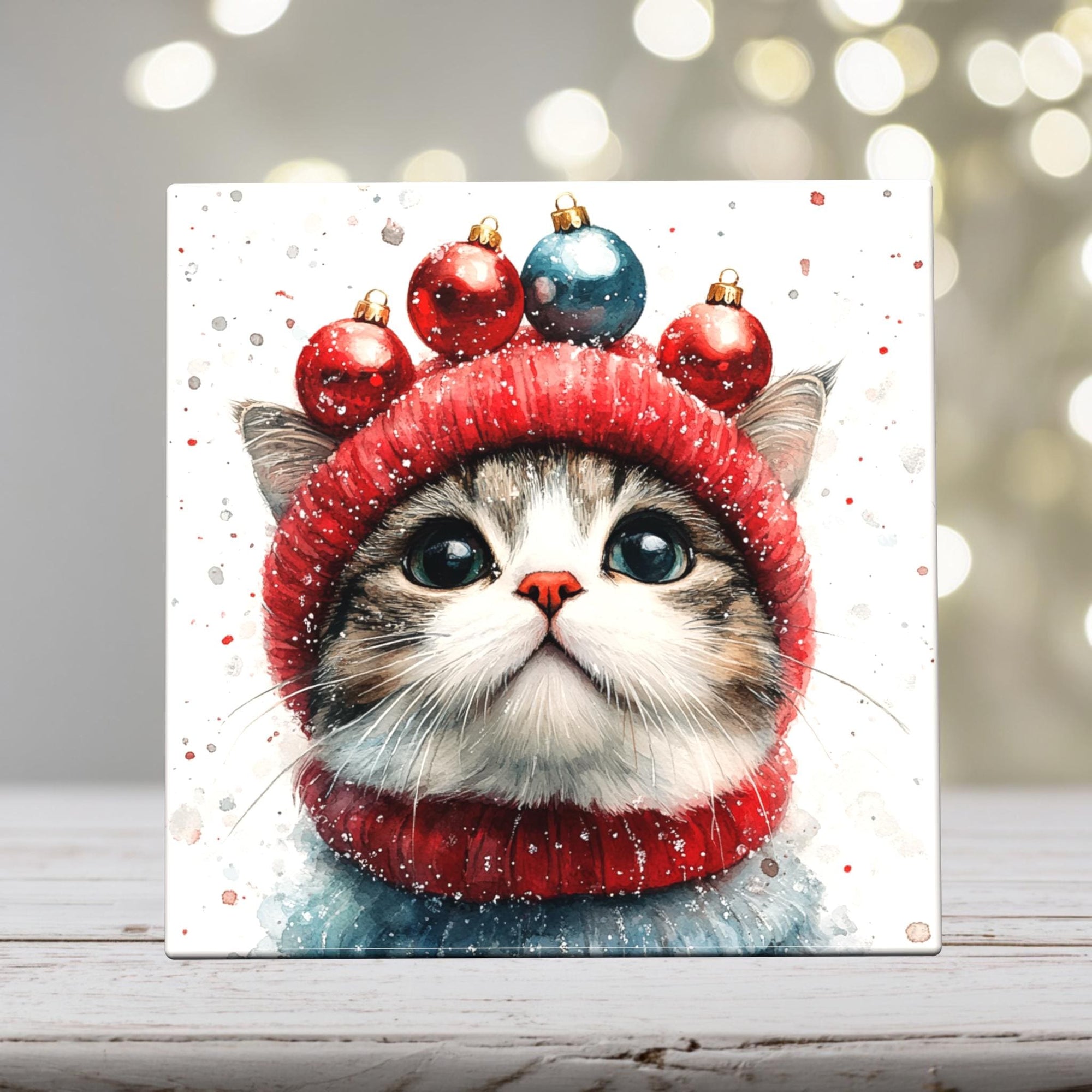 Cat with Ornaments on Hat – Christmas Cat Porcelain Tile