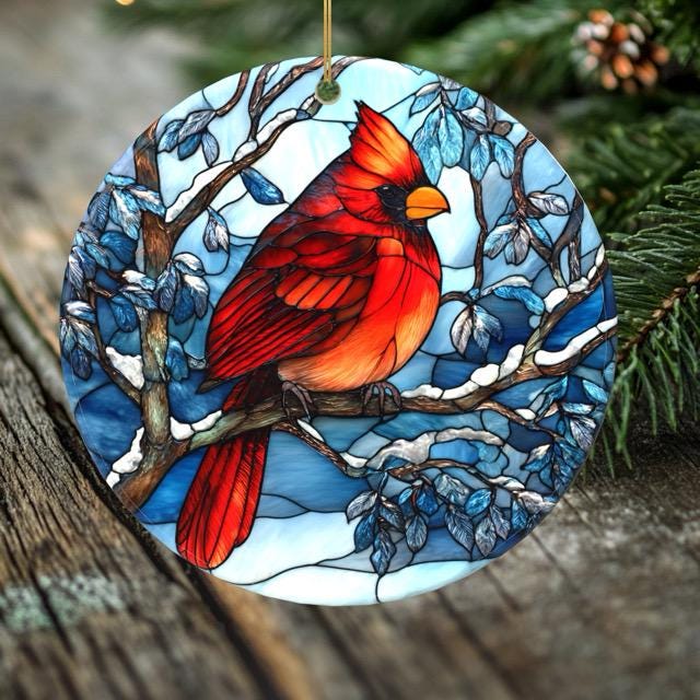 Cardinal Christmas Ornament – Porcelain Stained Glass Look – Double Sided – Sold Individually or as Set of 7