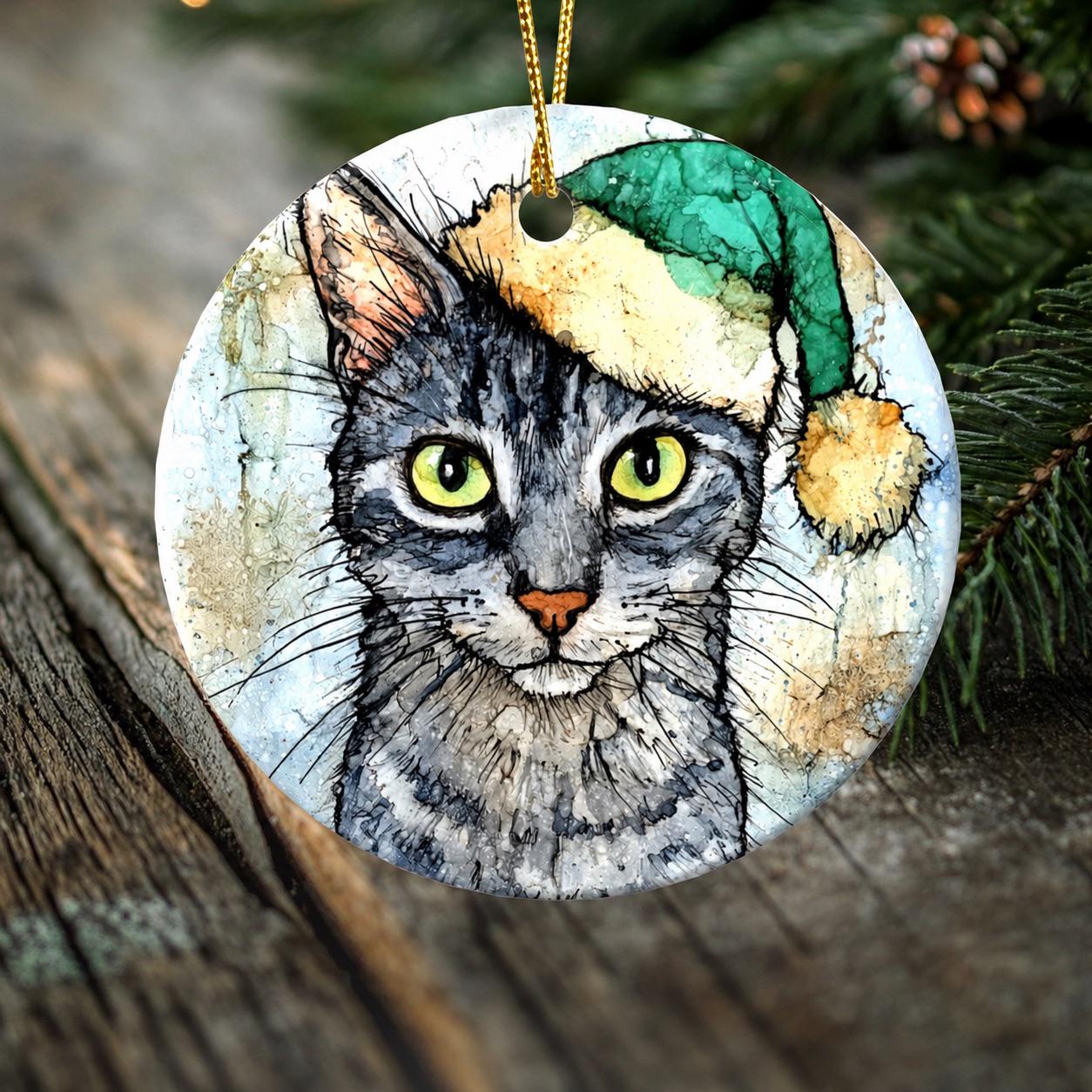 Archie the Christmas Cat Ornament – Gray Tabby Cat in Green Santa Hat | Double-Sided Porcelain Christmas Ornament | Original Cat Art